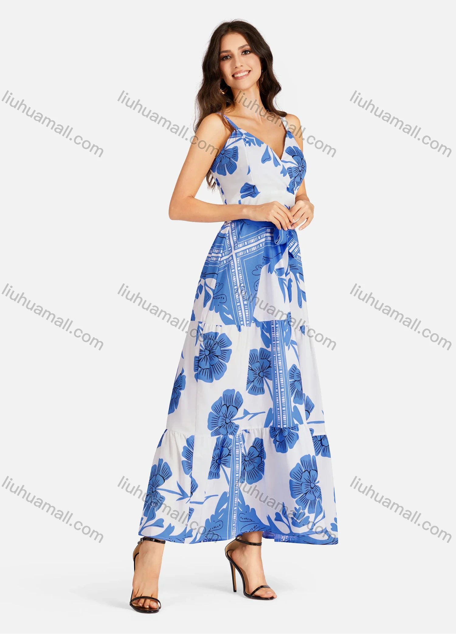 Wholesale Women's Casual Elegant Wrap V Neck Shirred Ruffle Hem Maxi Cami Dress With Belt - Liuhuamall