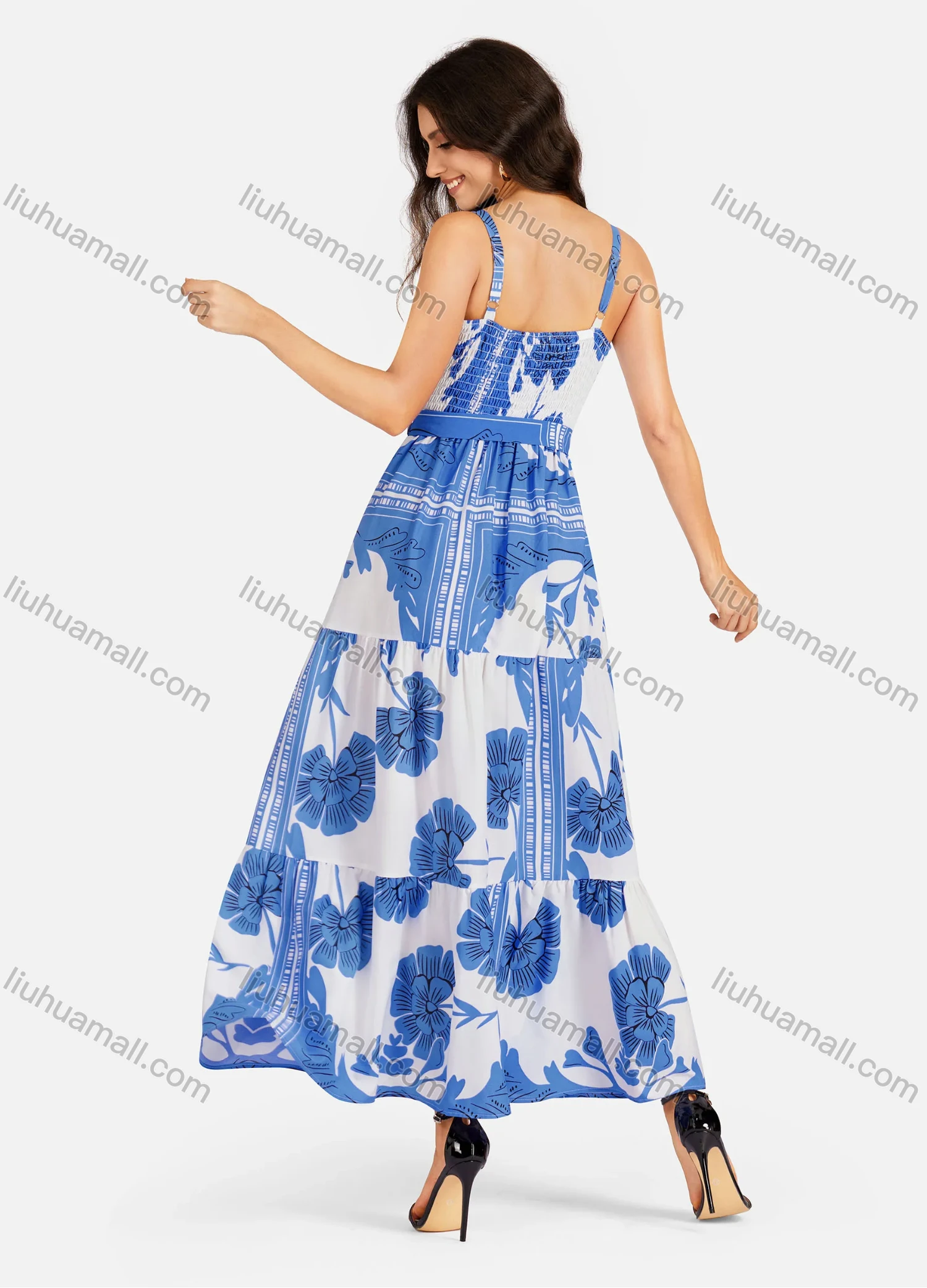 Wholesale Women's Casual Elegant Wrap V Neck Shirred Ruffle Hem Maxi Cami Dress With Belt - Liuhuamall