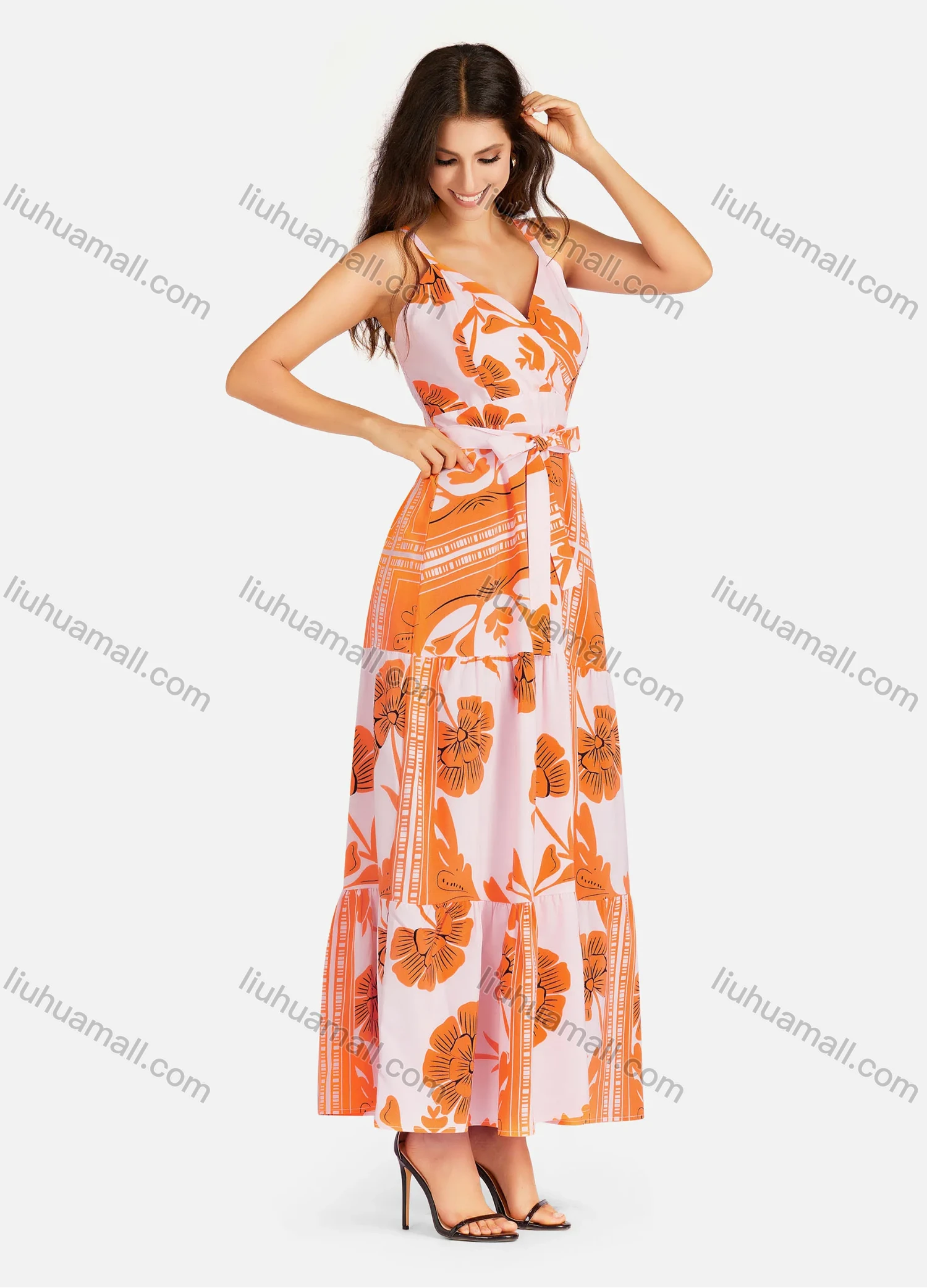 Wholesale Women's Casual Elegant Wrap V Neck Shirred Ruffle Hem Maxi Cami Dress With Belt - Liuhuamall