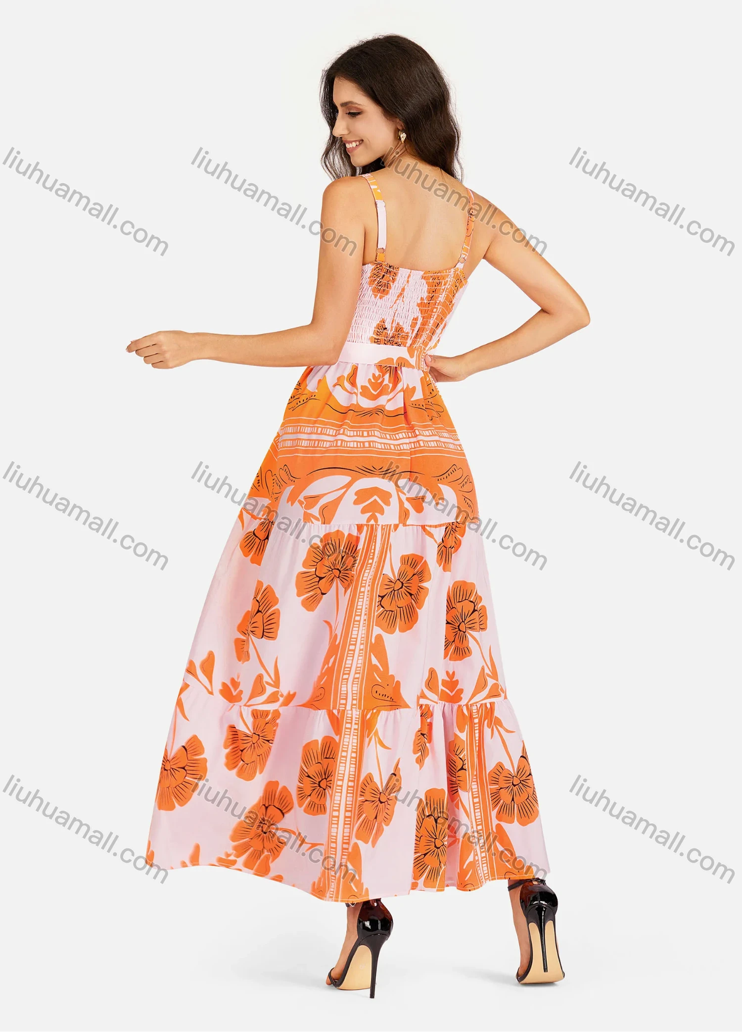 Wholesale Women's Casual Elegant Wrap V Neck Shirred Ruffle Hem Maxi Cami Dress With Belt - Liuhuamall