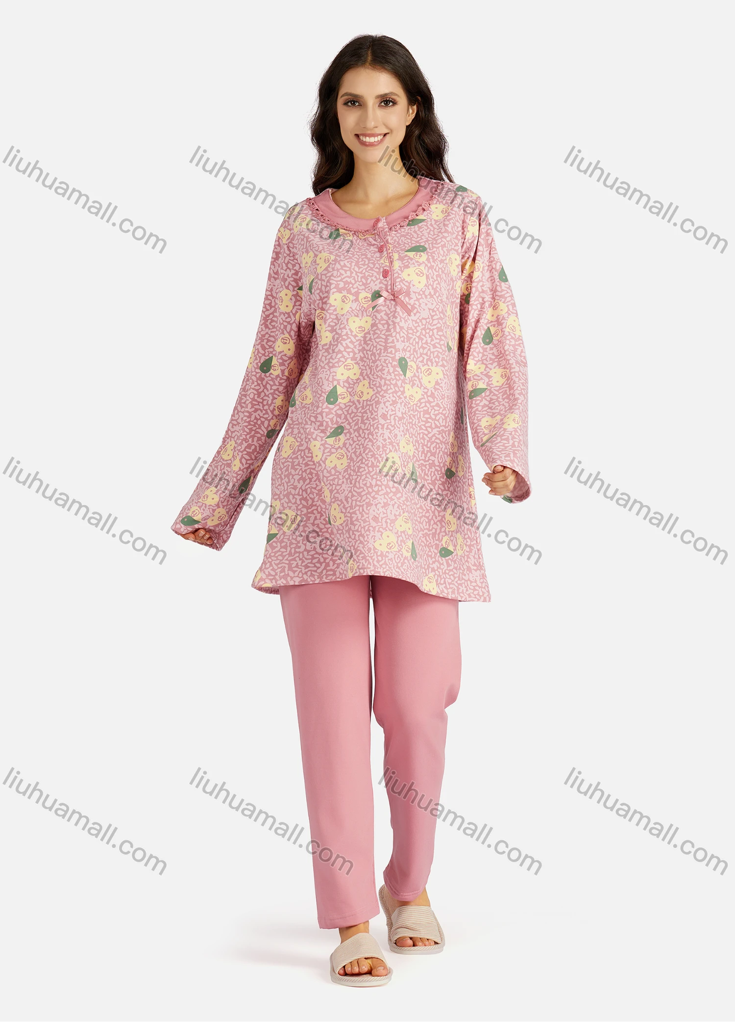 Wholesale Women's Henley Collar Allover Heart- Shaped Print Long Sleeve Lounge Pajama 2 Piece Set - Liuhuamall