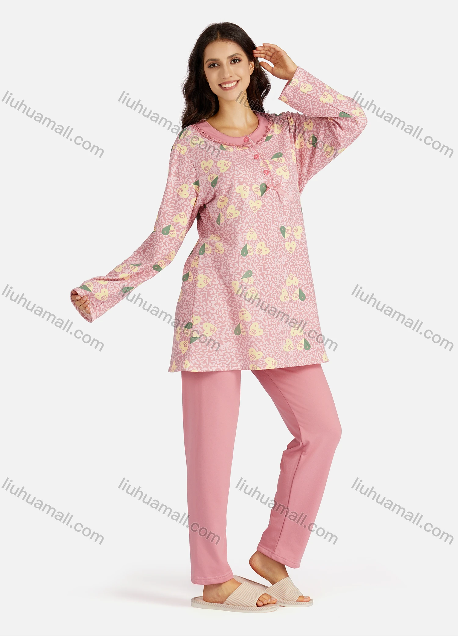 Wholesale Women's Henley Collar Allover Heart- Shaped Print Long Sleeve Lounge Pajama 2 Piece Set - Liuhuamall