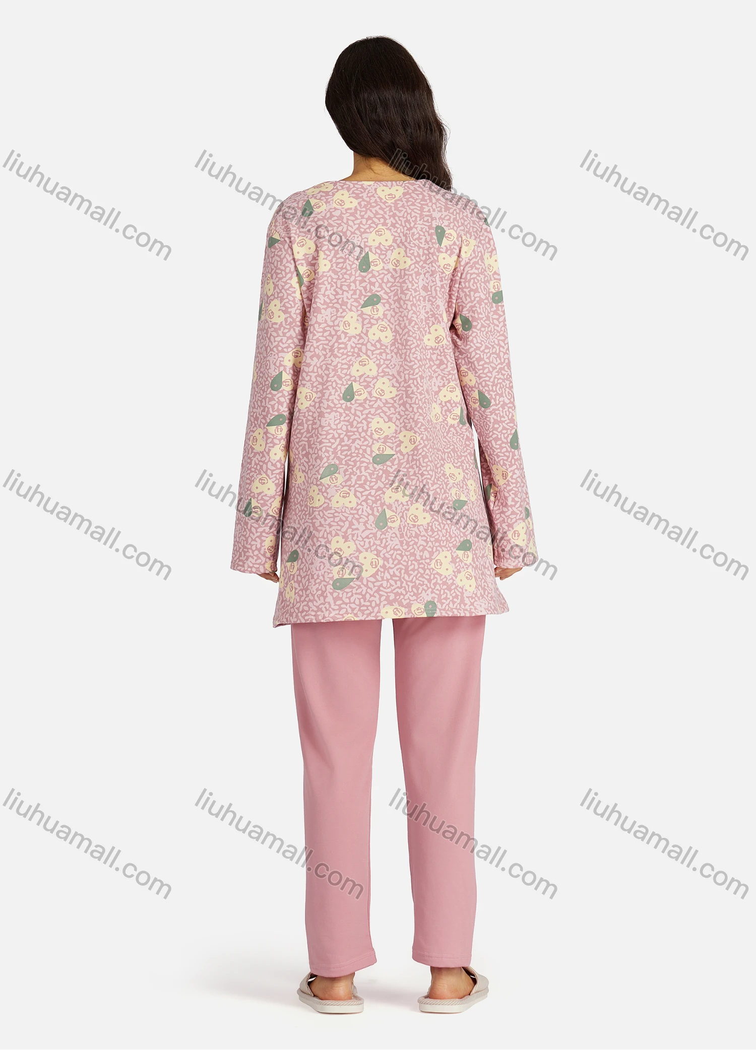 Wholesale Women's Henley Collar Allover Heart- Shaped Print Long Sleeve Lounge Pajama 2 Piece Set - Liuhuamall