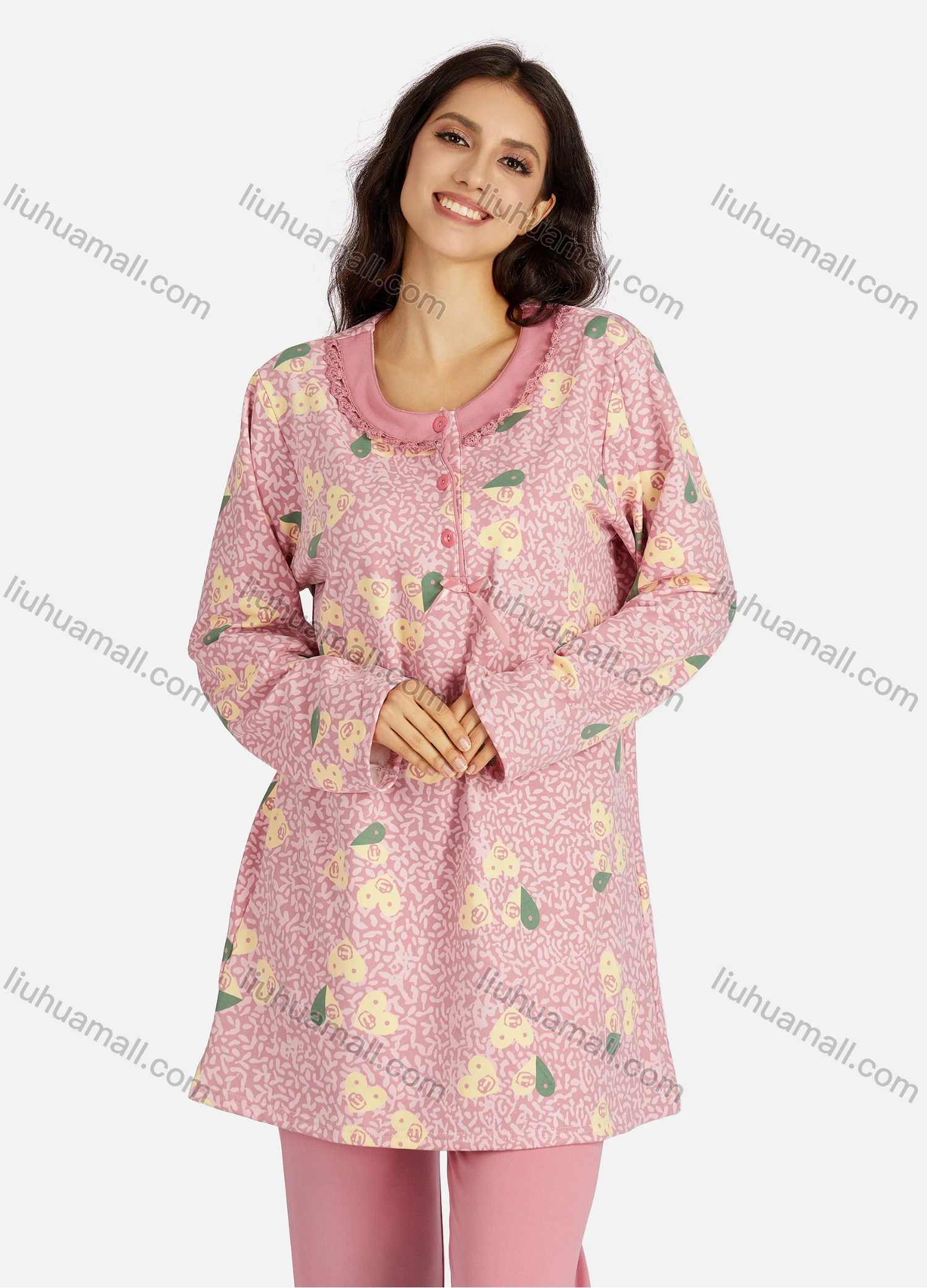 Wholesale Women's Henley Collar Allover Heart- Shaped Print Long Sleeve Lounge Pajama 2 Piece Set - Liuhuamall