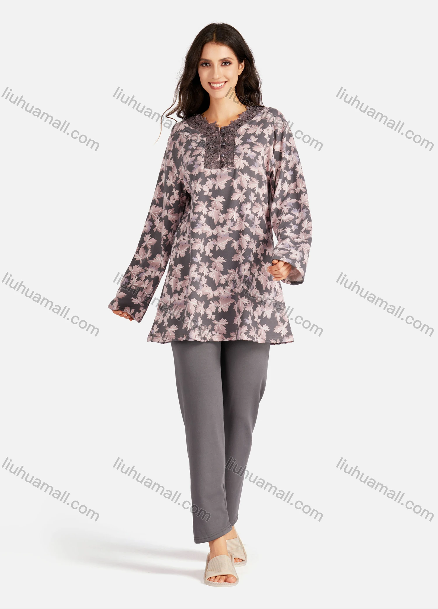 Wholesale Women's Embroidery Collared Allover Leaf Print Long Sleeve Lounge Pajama 2 Piece Set - Liuhuamall