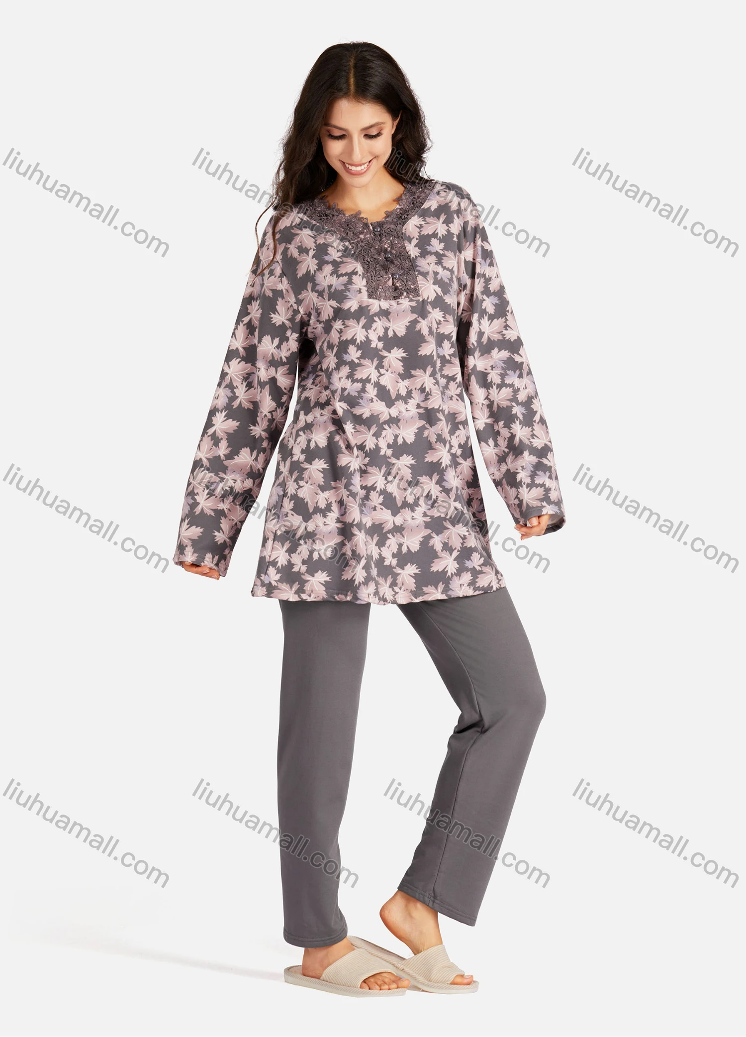 Wholesale Women's Embroidery Collared Allover Leaf Print Long Sleeve Lounge Pajama 2 Piece Set - Liuhuamall