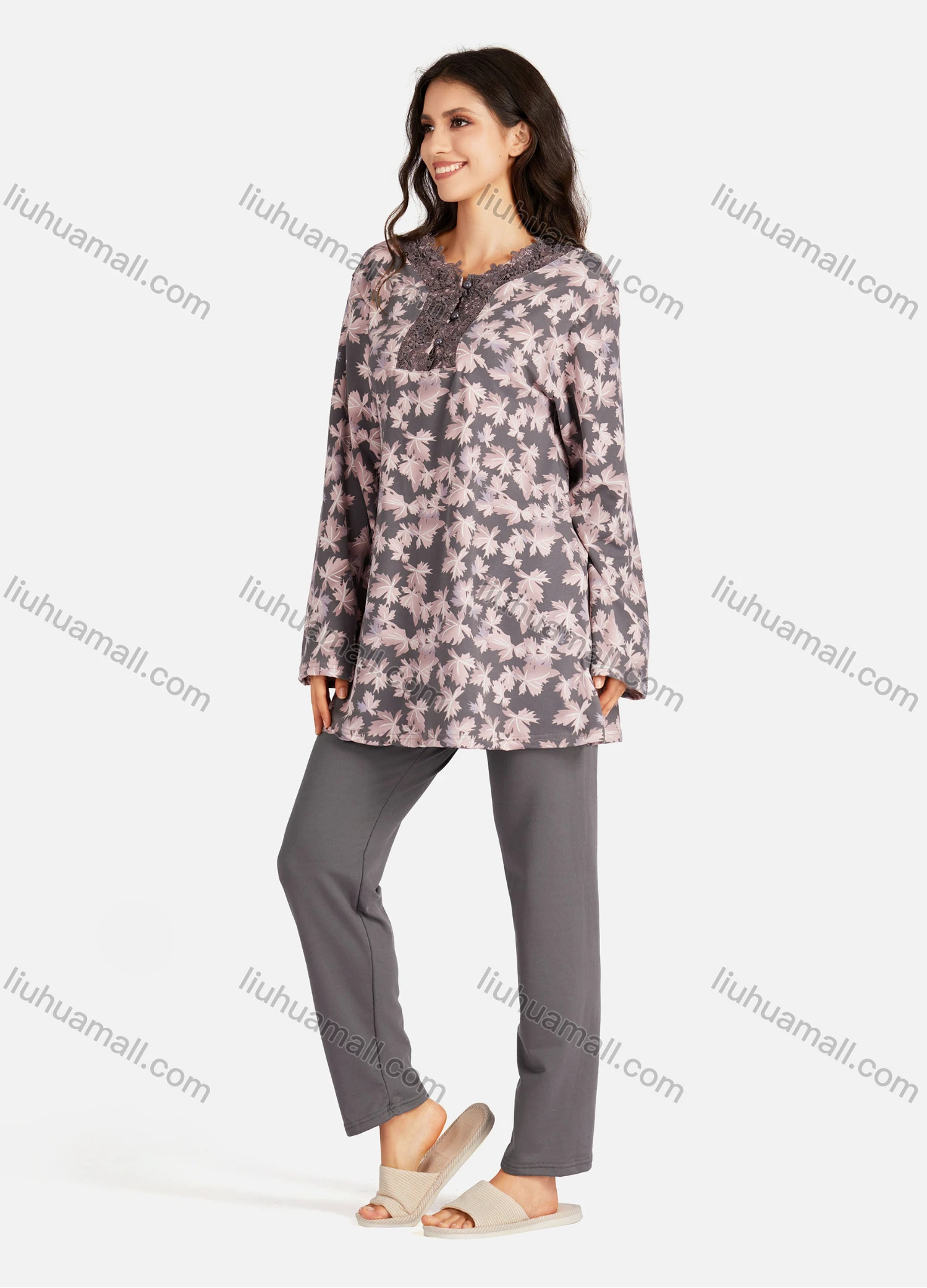 Wholesale Women's Embroidery Collared Allover Leaf Print Long Sleeve Lounge Pajama 2 Piece Set - Liuhuamall