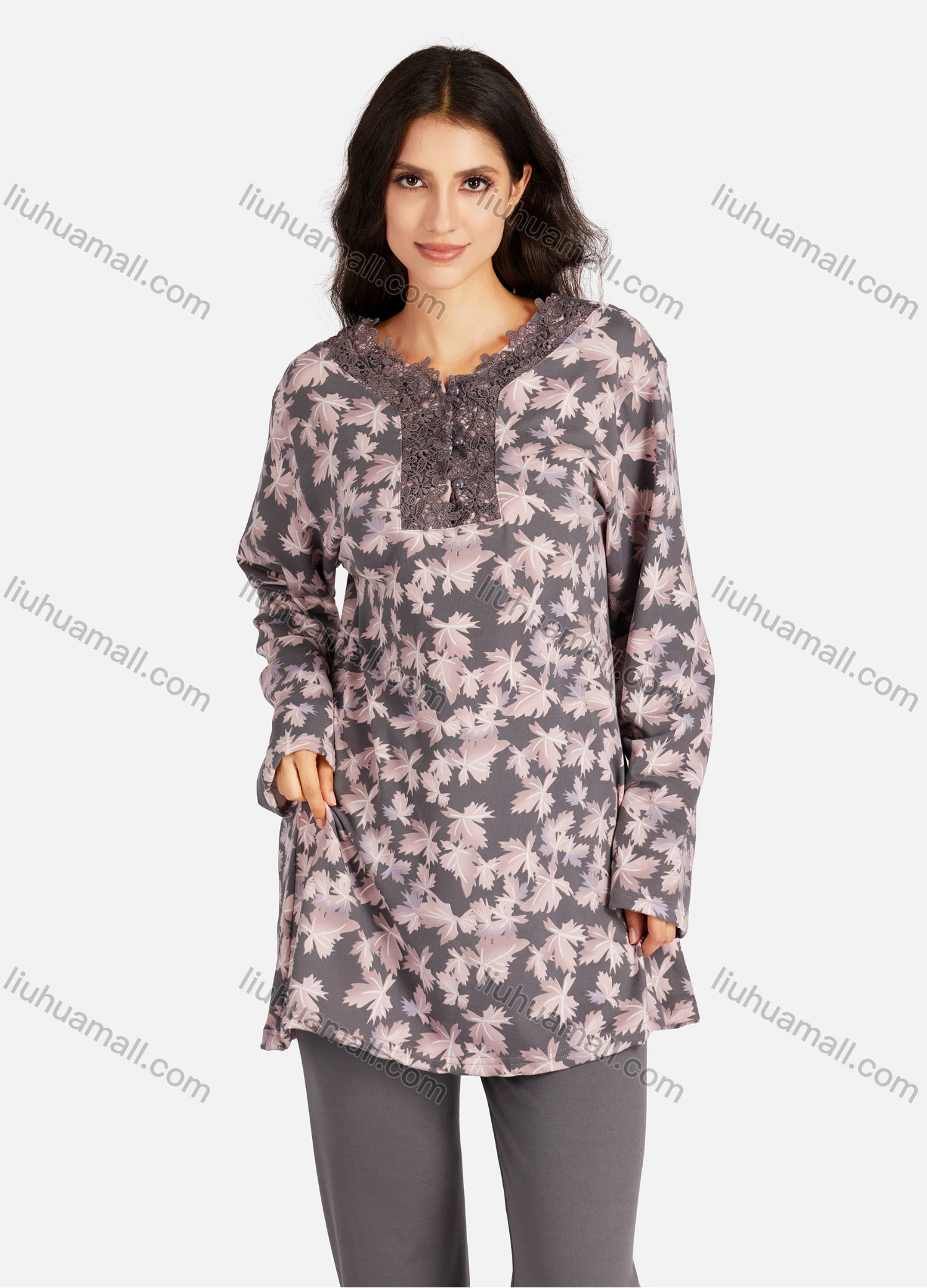 Wholesale Women's Embroidery Collared Allover Leaf Print Long Sleeve Lounge Pajama 2 Piece Set - Liuhuamall