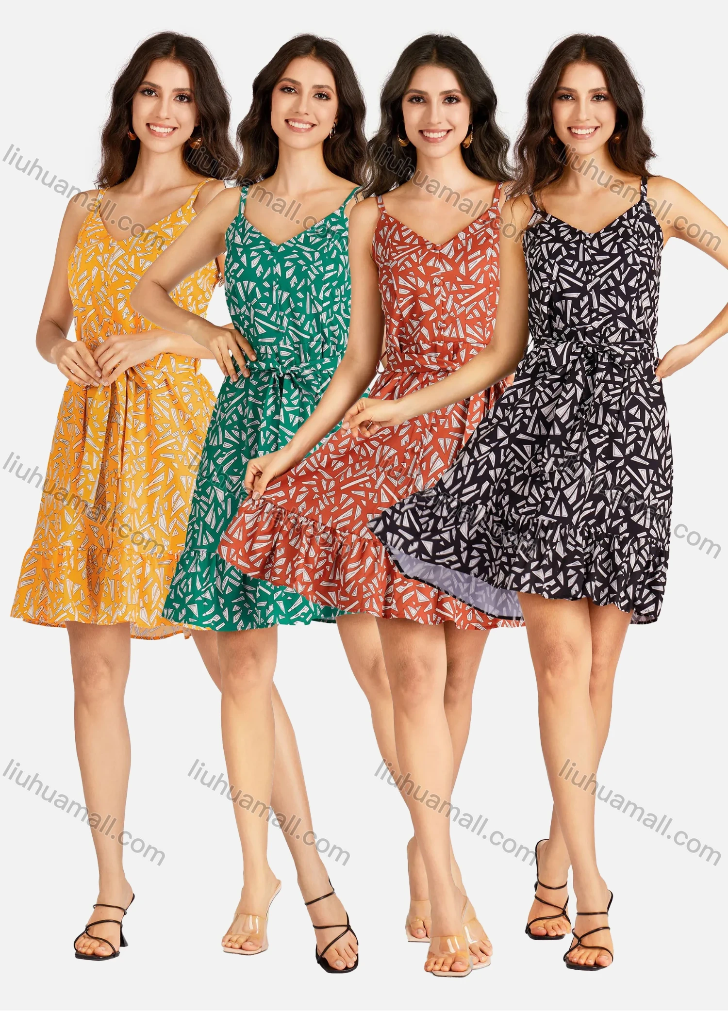 Wholesale Women's Elegant Allover Print V Neck Buttons Front Ruffle Hem Short Cami Dress With Belt - Liuhuamall