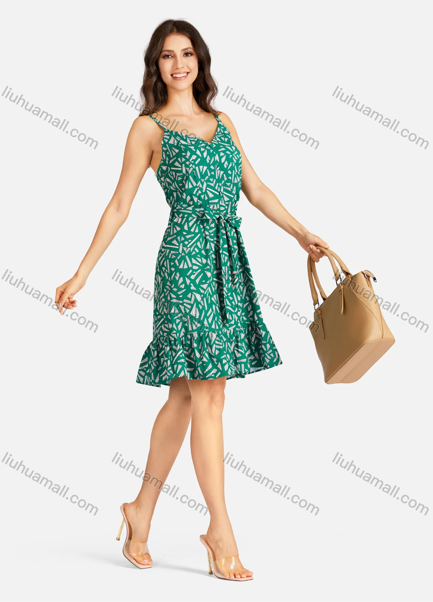 Wholesale Women's Elegant Allover Print V Neck Buttons Front Ruffle Hem Short Cami Dress With Belt - Liuhuamall