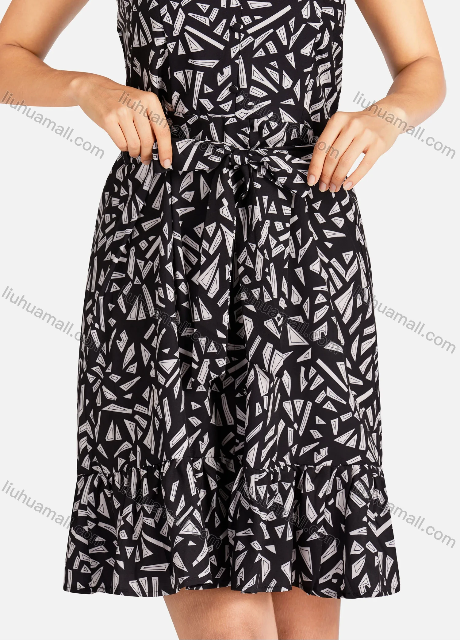 Wholesale Women's Elegant Allover Print V Neck Buttons Front Ruffle Hem Short Cami Dress With Belt - Liuhuamall