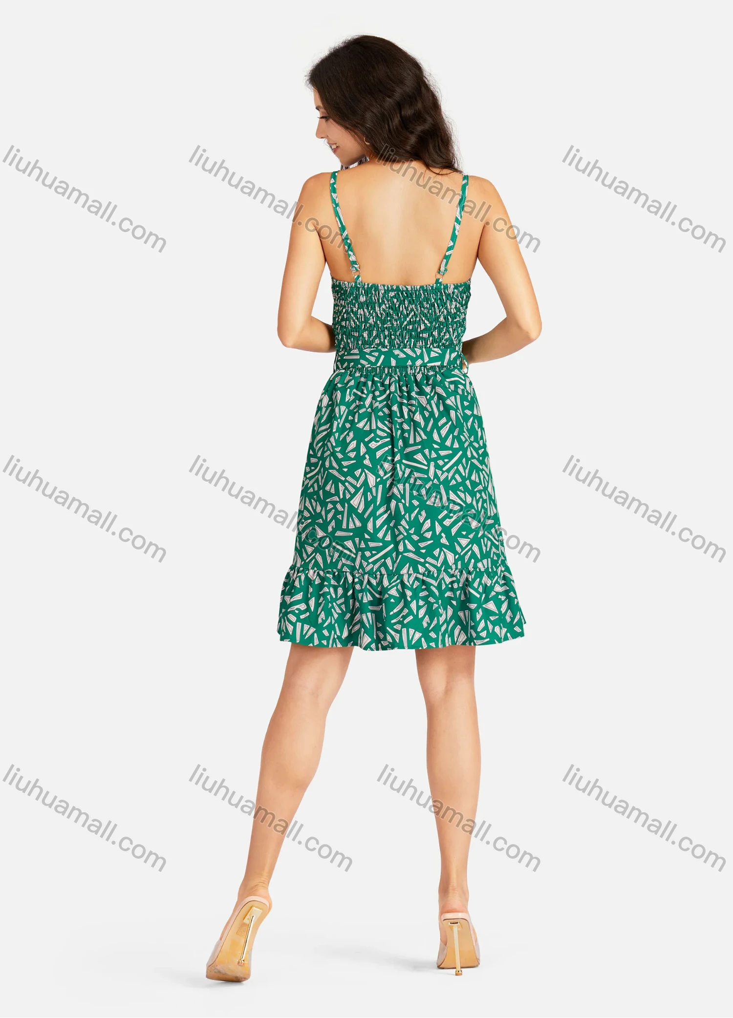 Wholesale Women's Elegant Allover Print V Neck Buttons Front Ruffle Hem Short Cami Dress With Belt - Liuhuamall