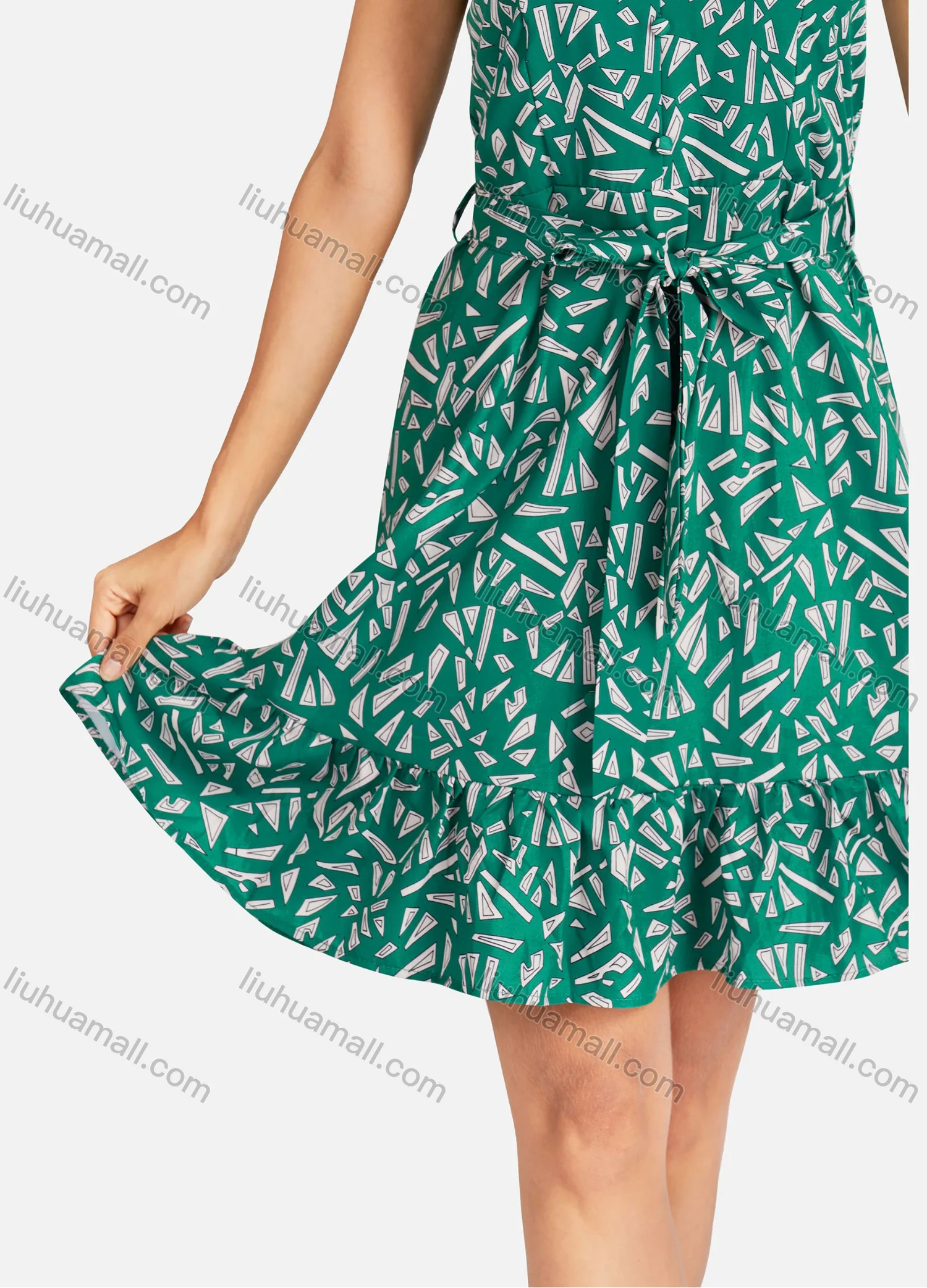 Wholesale Women's Elegant Allover Print V Neck Buttons Front Ruffle Hem Short Cami Dress With Belt - Liuhuamall