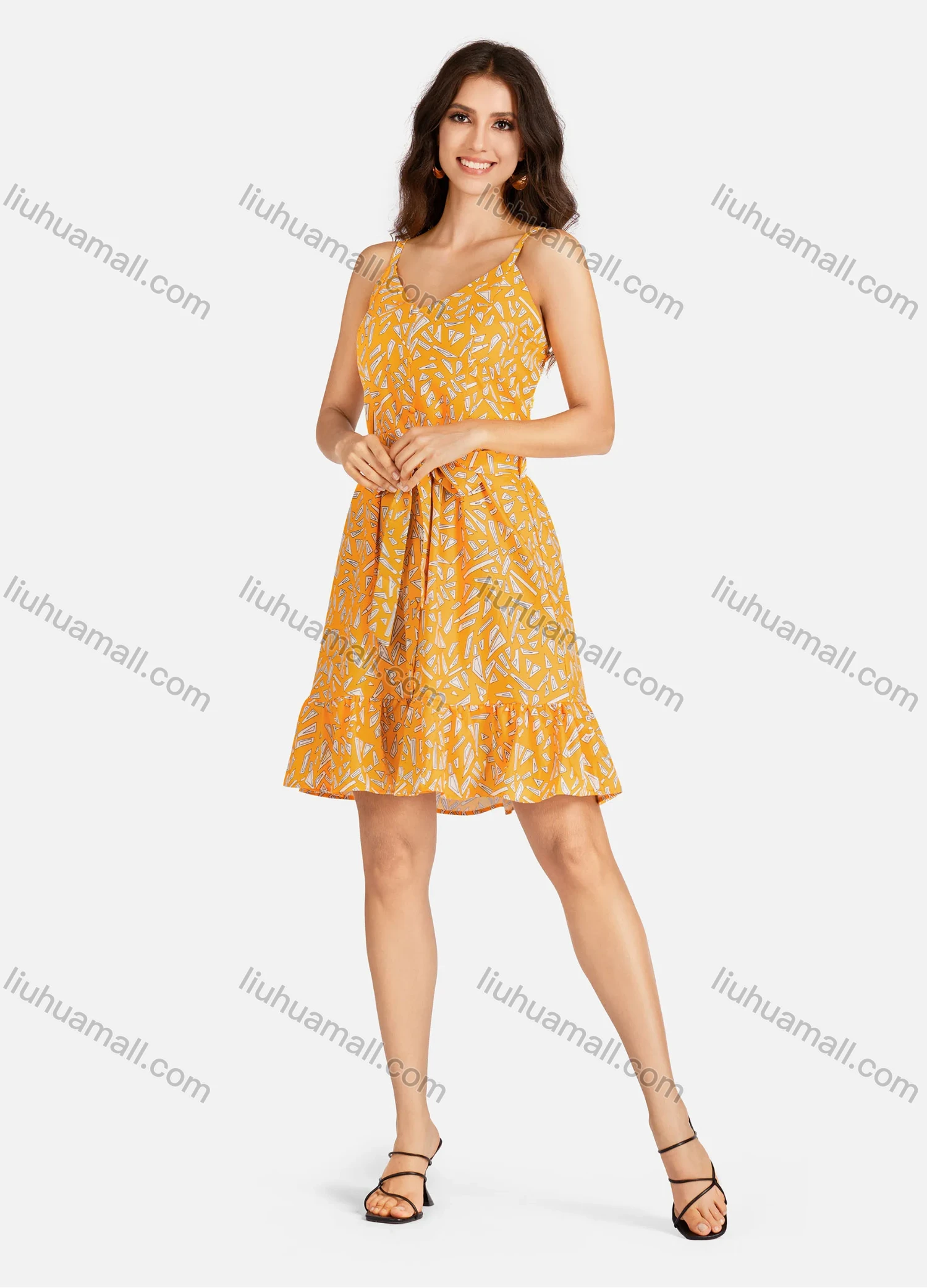 Wholesale Women's Elegant Allover Print V Neck Buttons Front Ruffle Hem Short Cami Dress With Belt - Liuhuamall