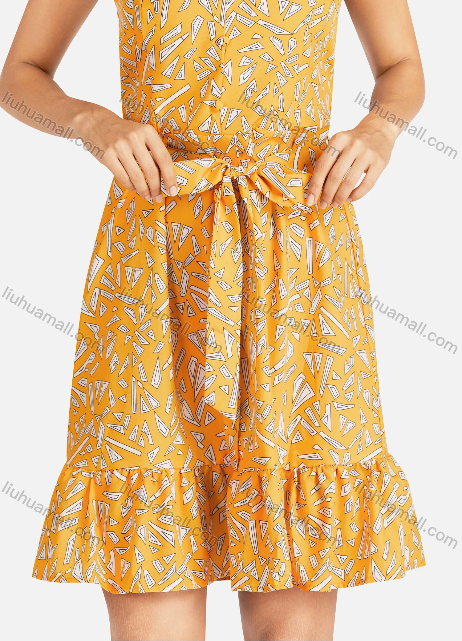 Wholesale Women's Elegant Allover Print V Neck Buttons Front Ruffle Hem Short Cami Dress With Belt - Liuhuamall