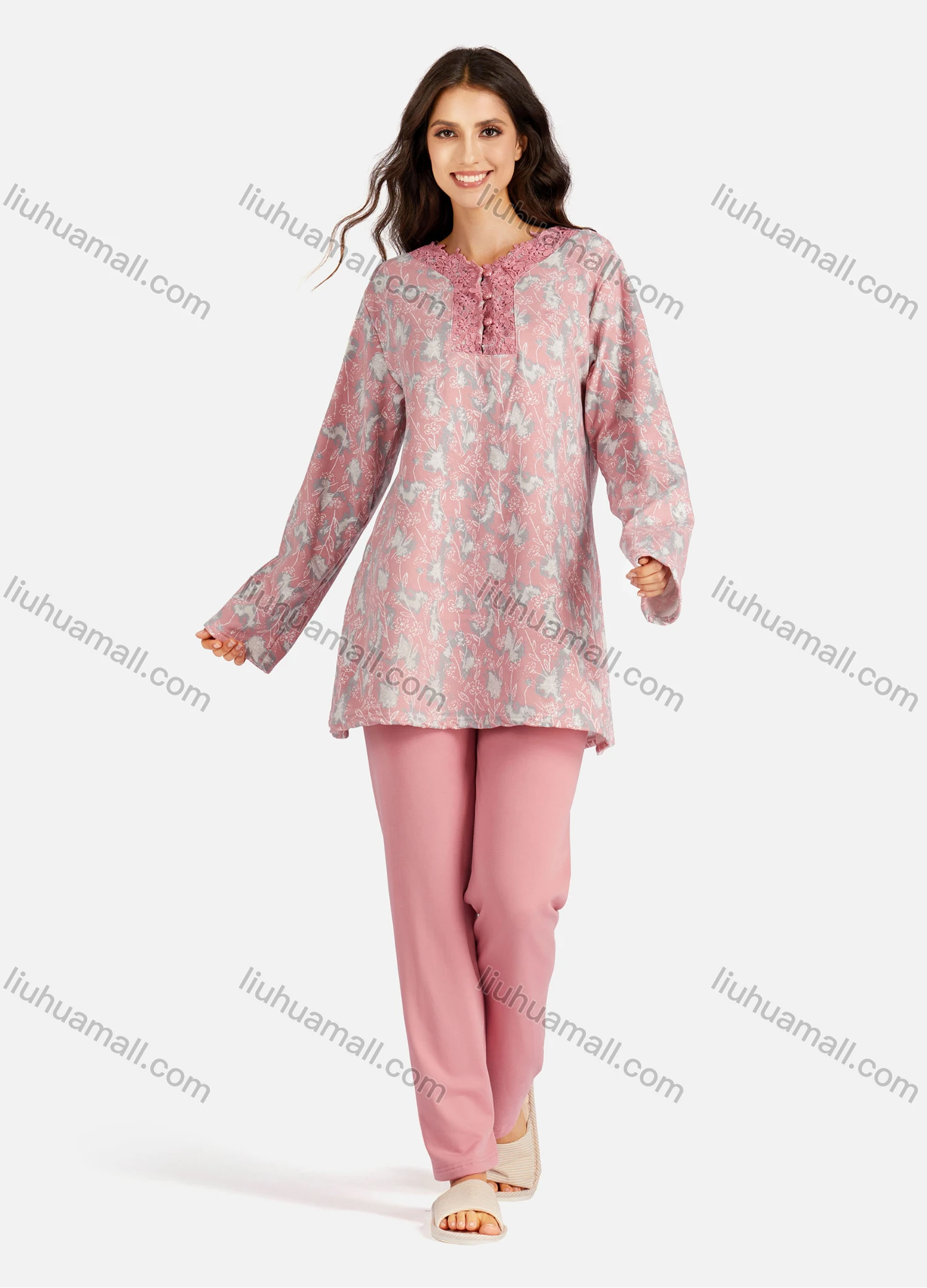 Wholesale Women's Embroidery Collared Allover Floral Print Long Sleeve Lounge Pajama 2 Piece Set - Liuhuamall