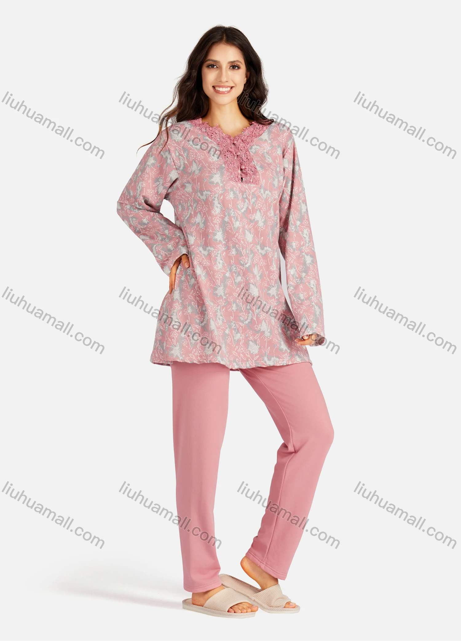 Wholesale Women's Embroidery Collared Allover Floral Print Long Sleeve Lounge Pajama 2 Piece Set - Liuhuamall