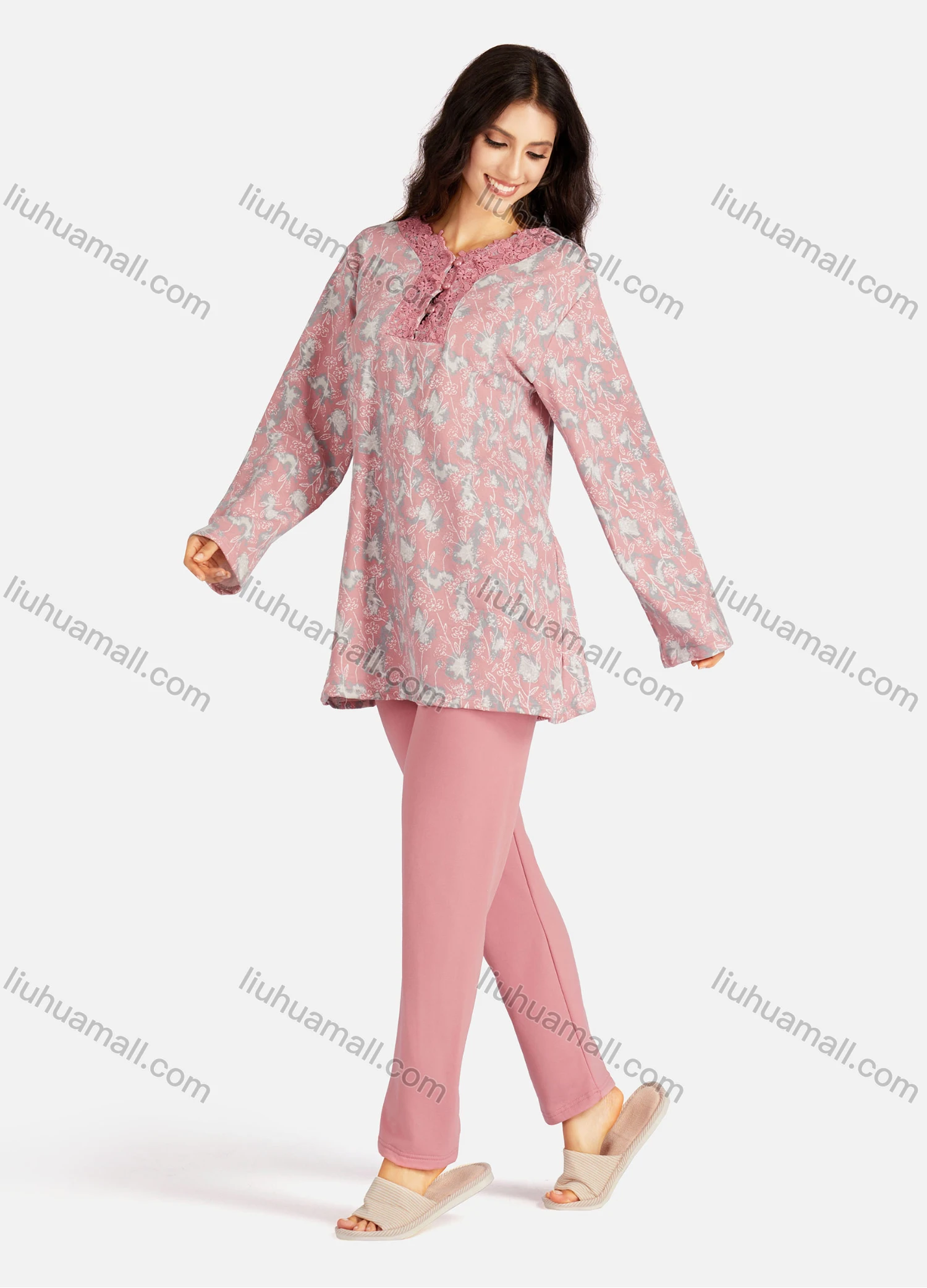 Wholesale Women's Embroidery Collared Allover Floral Print Long Sleeve Lounge Pajama 2 Piece Set - Liuhuamall