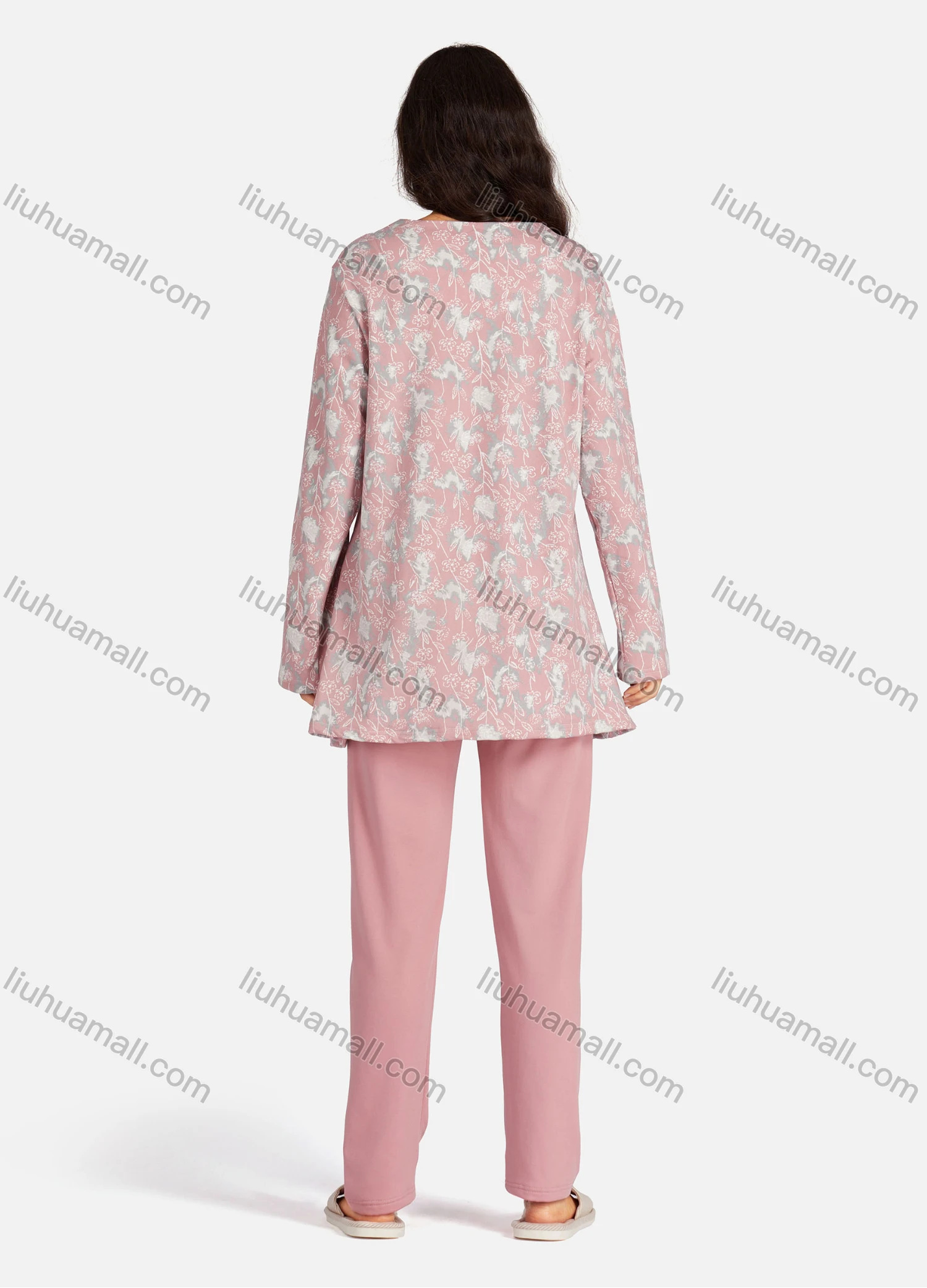 Wholesale Women's Embroidery Collared Allover Floral Print Long Sleeve Lounge Pajama 2 Piece Set - Liuhuamall