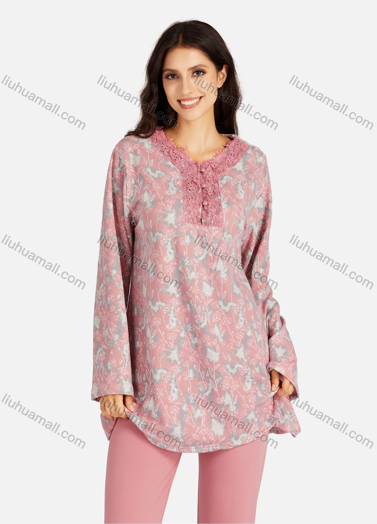 Wholesale Women's Embroidery Collared Allover Floral Print Long Sleeve Lounge Pajama 2 Piece Set - Liuhuamall