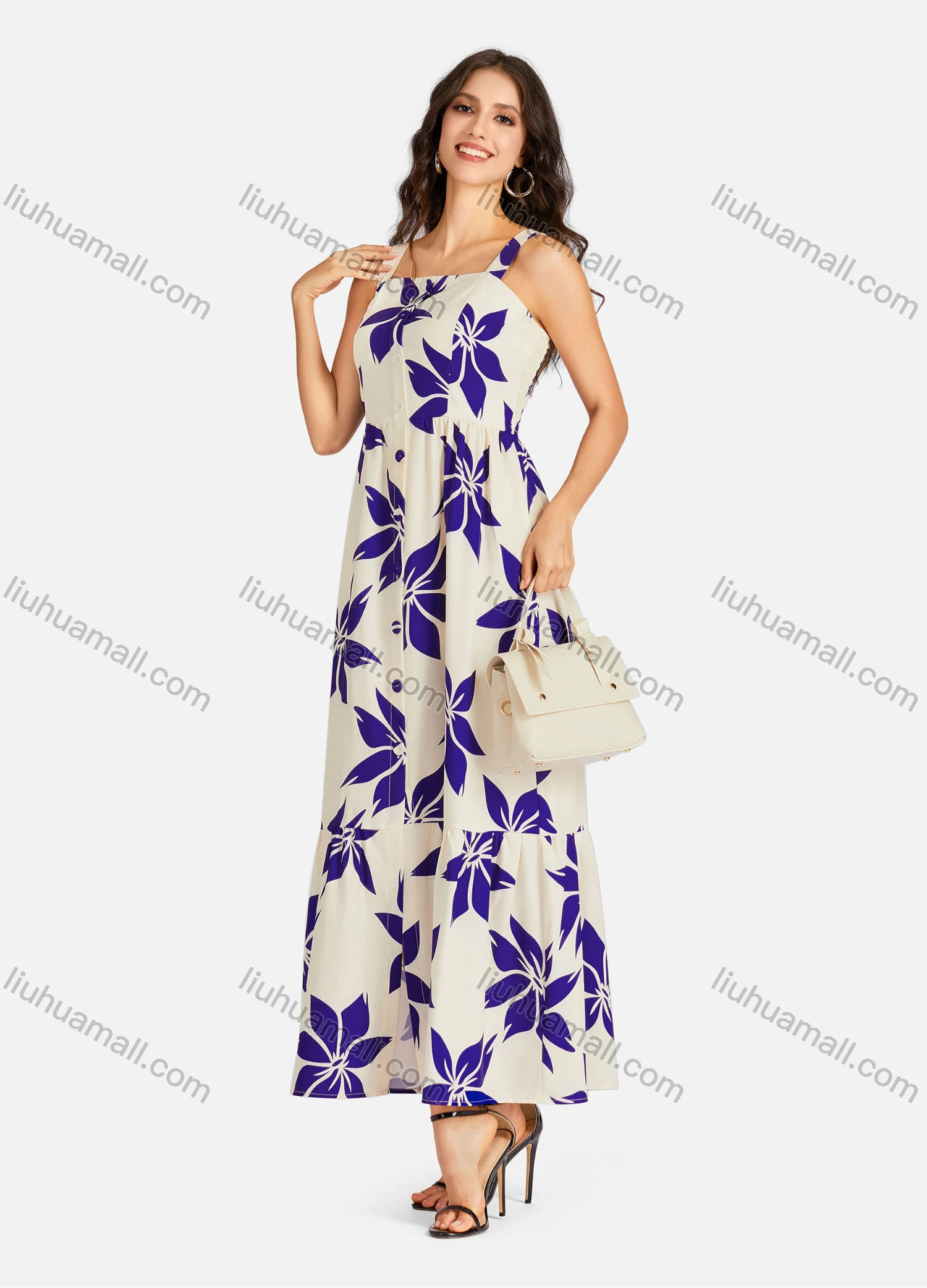 Wholesale Women's Elegant Floral Print Buttons Front Shirred Maxi Cami Dress - Liuhuamall