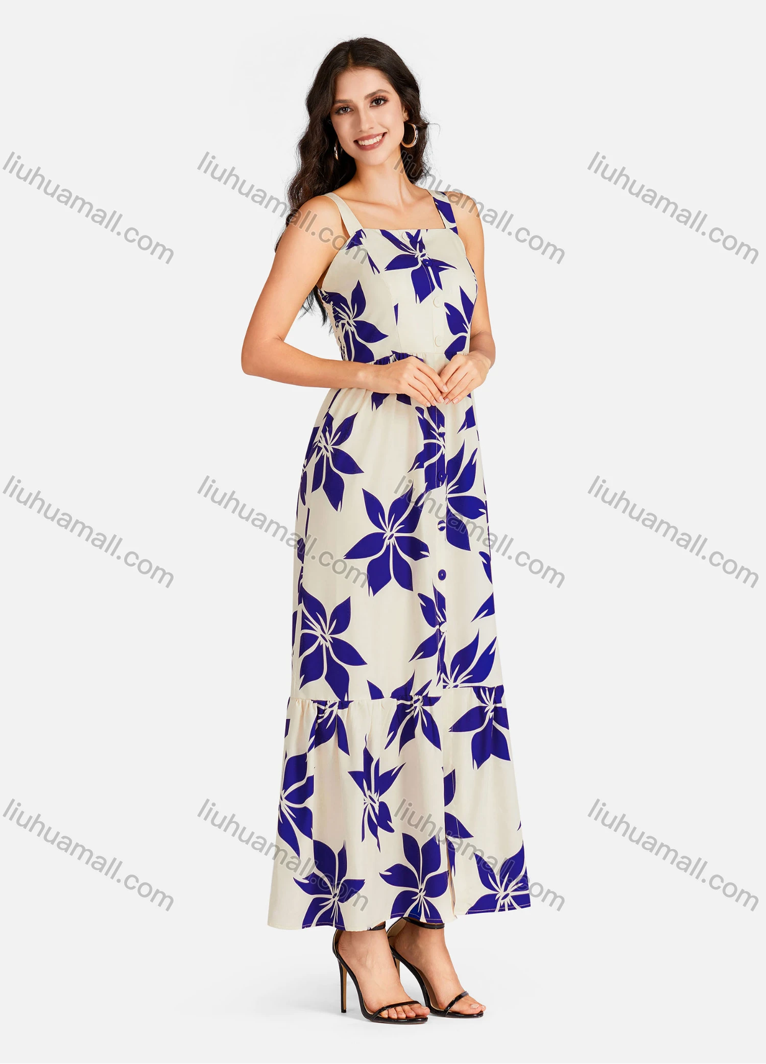 Wholesale Women's Elegant Floral Print Buttons Front Shirred Maxi Cami Dress - Liuhuamall