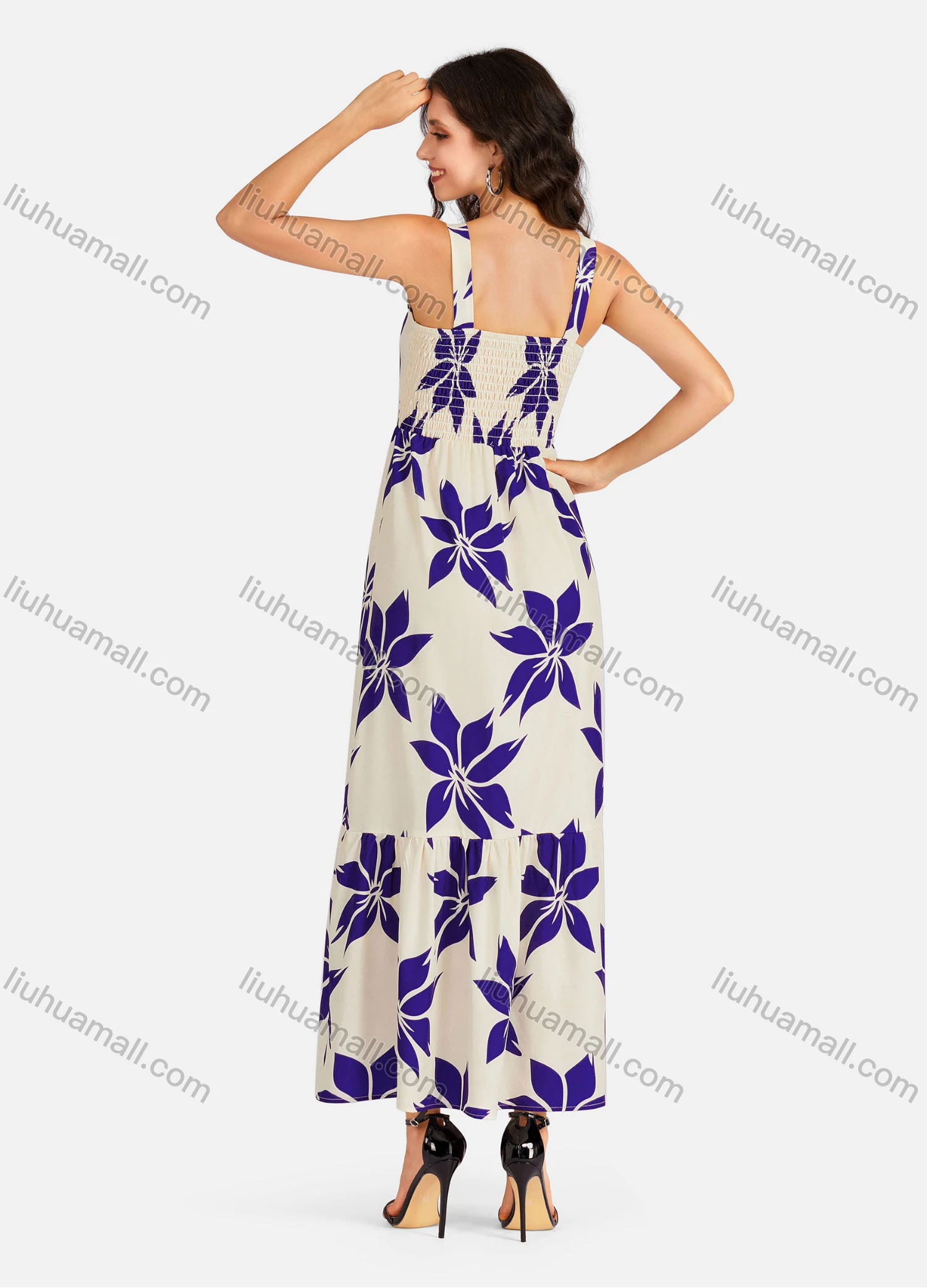 Wholesale Women's Elegant Floral Print Buttons Front Shirred Maxi Cami Dress - Liuhuamall