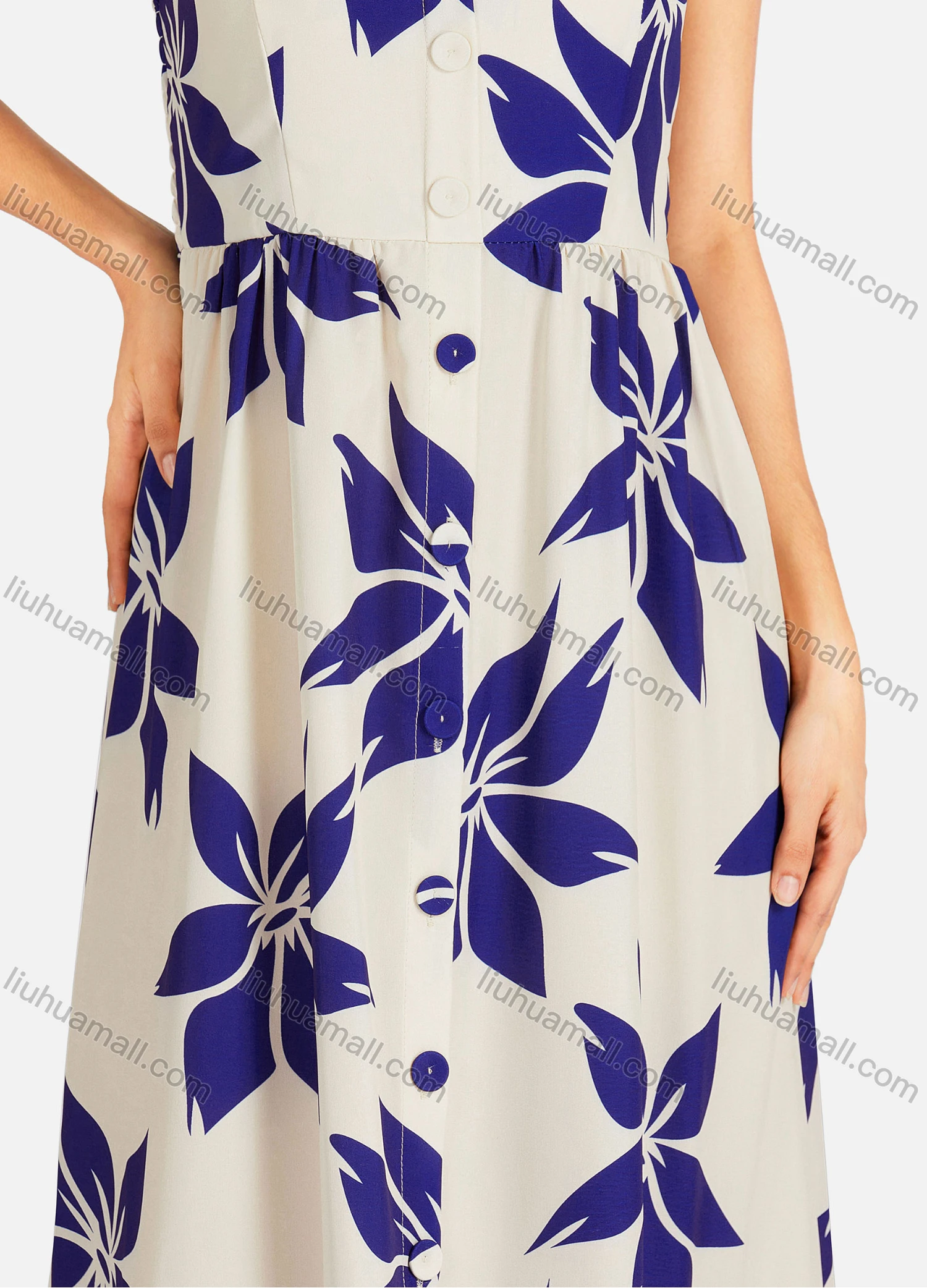 Wholesale Women's Elegant Floral Print Buttons Front Shirred Maxi Cami Dress - Liuhuamall