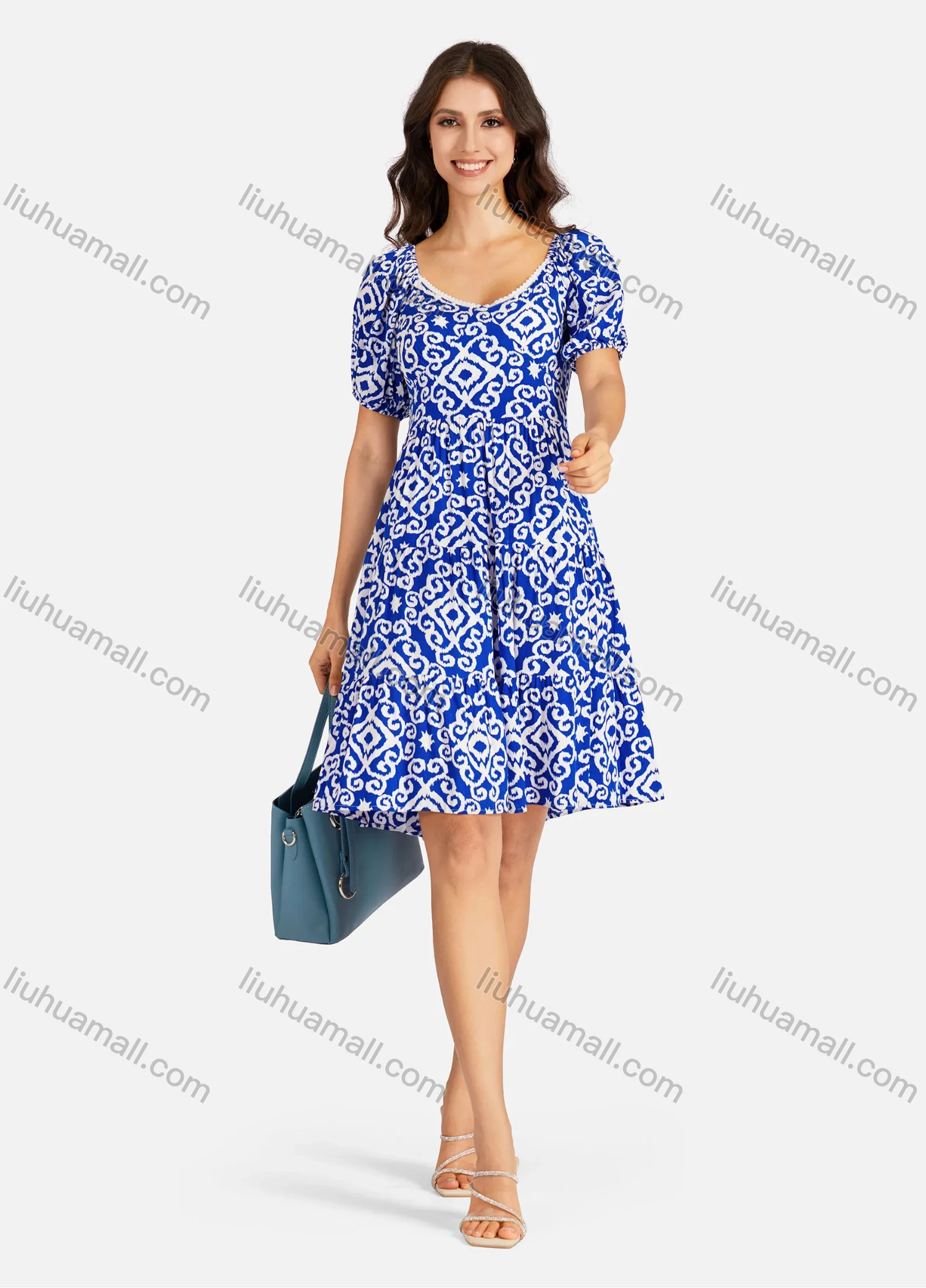 Wholesale Women's Elegant Vintage Print V Neck Lace Trim Shirred Puff Sleeve Ruffle Hem Short Dress - Liuhuamall