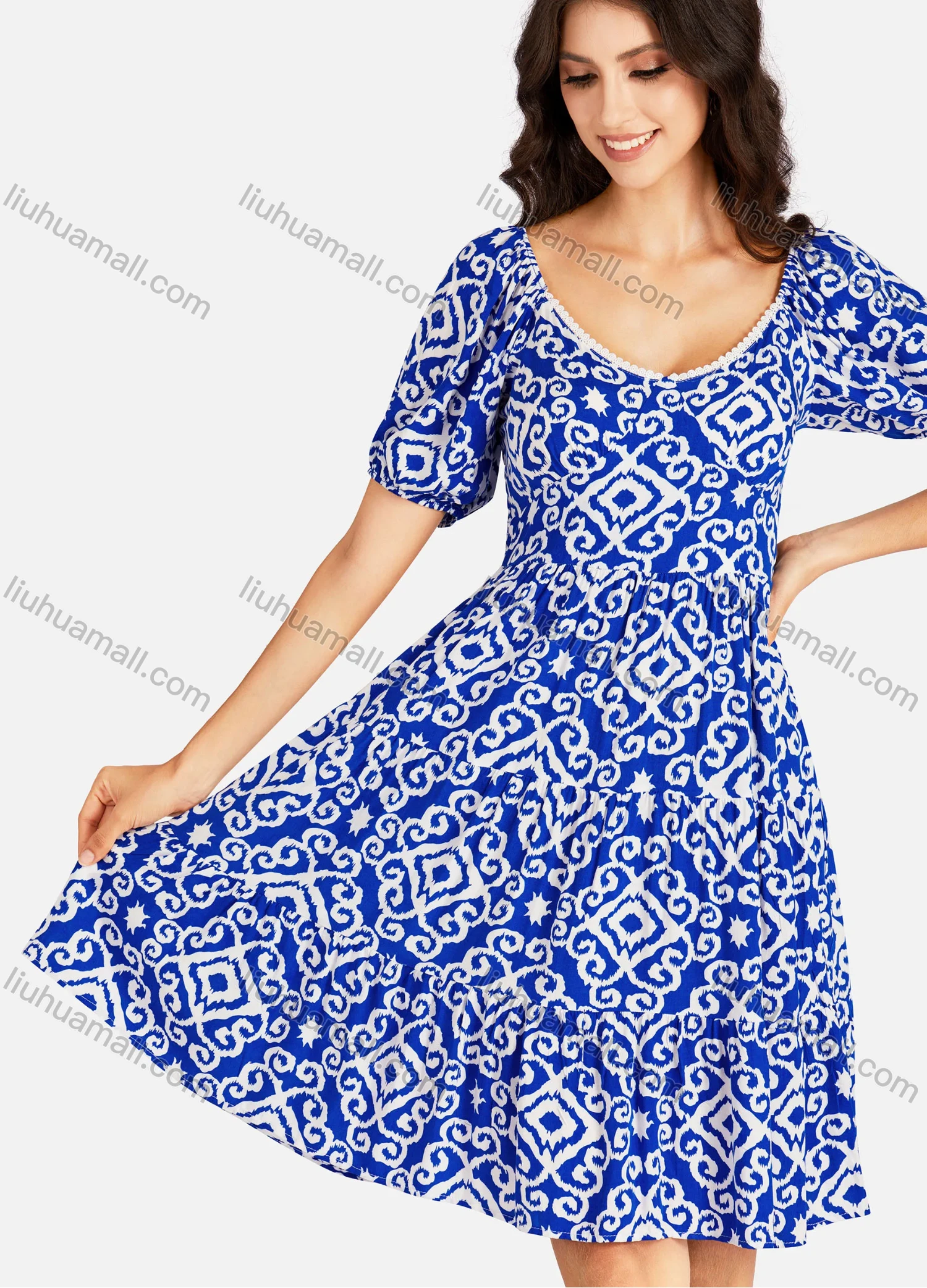 Wholesale Women's Elegant Vintage Print V Neck Lace Trim Shirred Puff Sleeve Ruffle Hem Short Dress - Liuhuamall