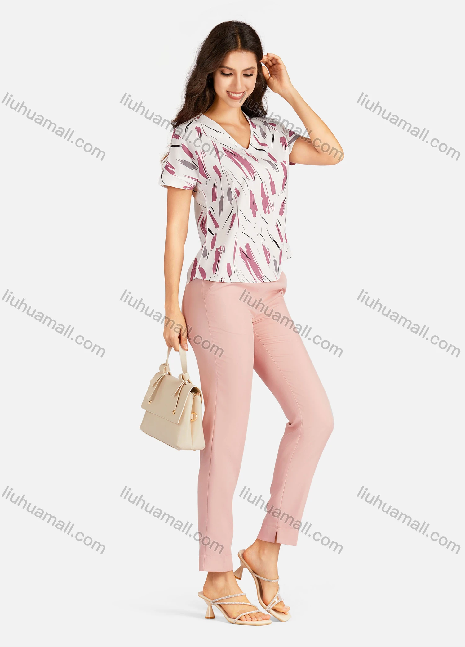 Wholesale Women's Casual Allover Print V Neck Short Sleeve Tee - Liuhuamall