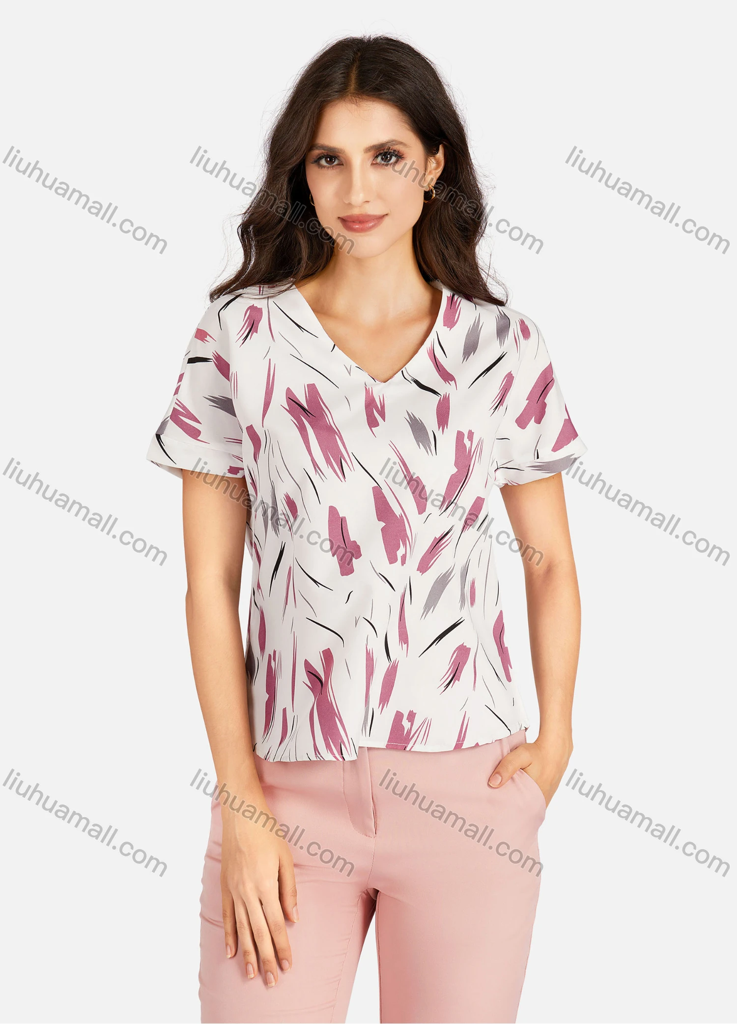 Wholesale Women's Casual Allover Print V Neck Short Sleeve Tee - Liuhuamall