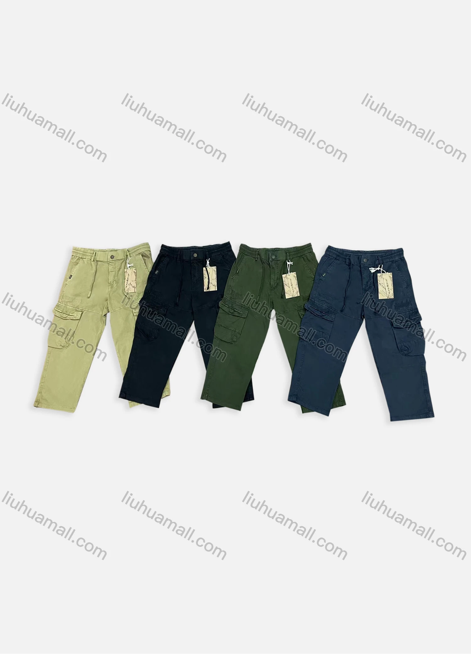 Wholesale Men's Casual Plain Multiple Pockets Button Closure Cropped Cargo Pants 9338# - Liuhuamall