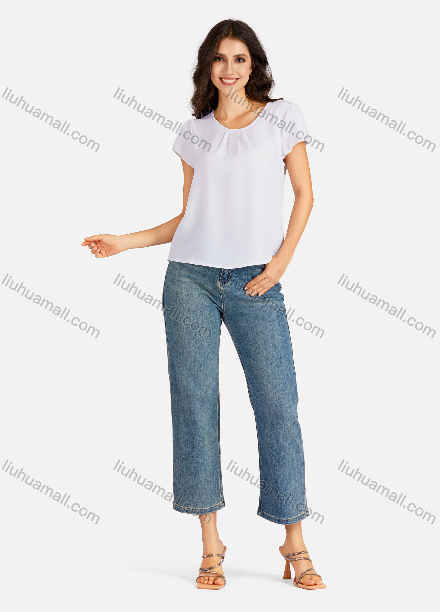 Wholesale Women's Casual Plain Round Neck Short Sleeve Tee - Liuhuamall