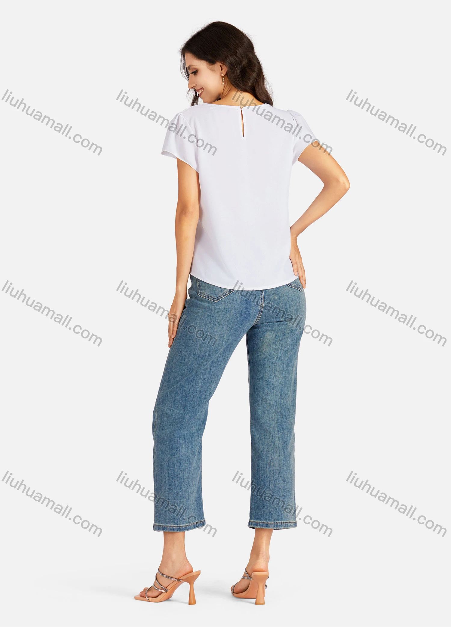 Wholesale Women's Casual Plain Round Neck Short Sleeve Tee - Liuhuamall