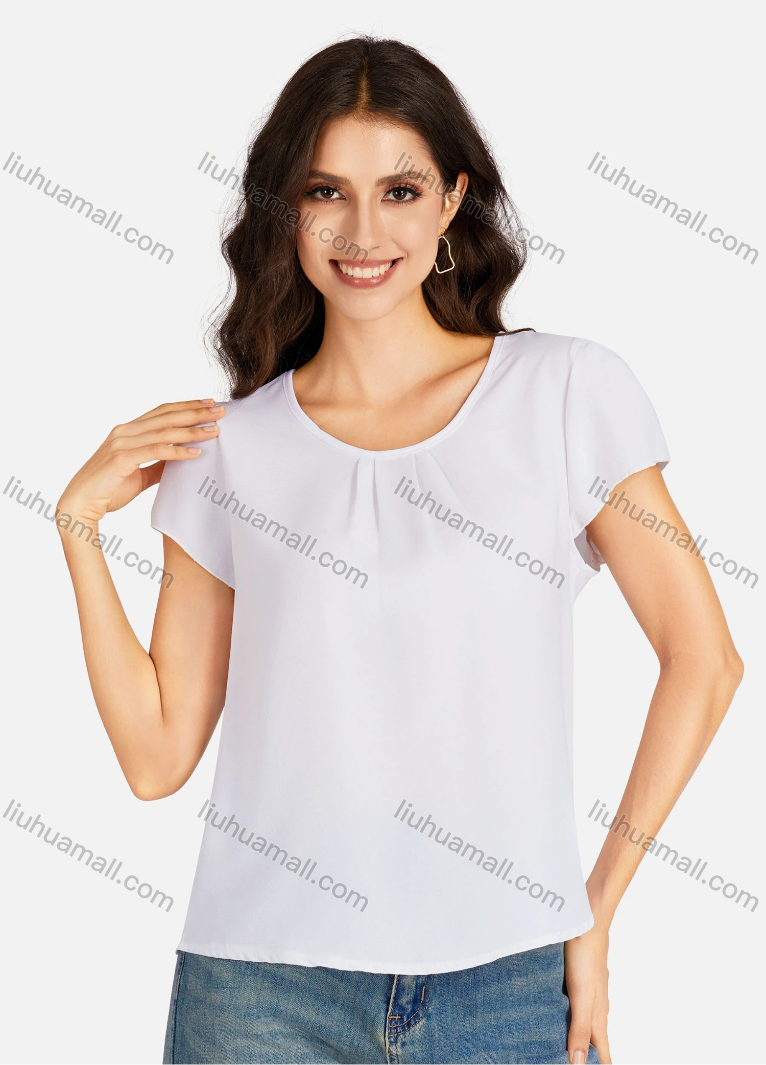 Wholesale Women's Casual Plain Round Neck Short Sleeve Tee - Liuhuamall