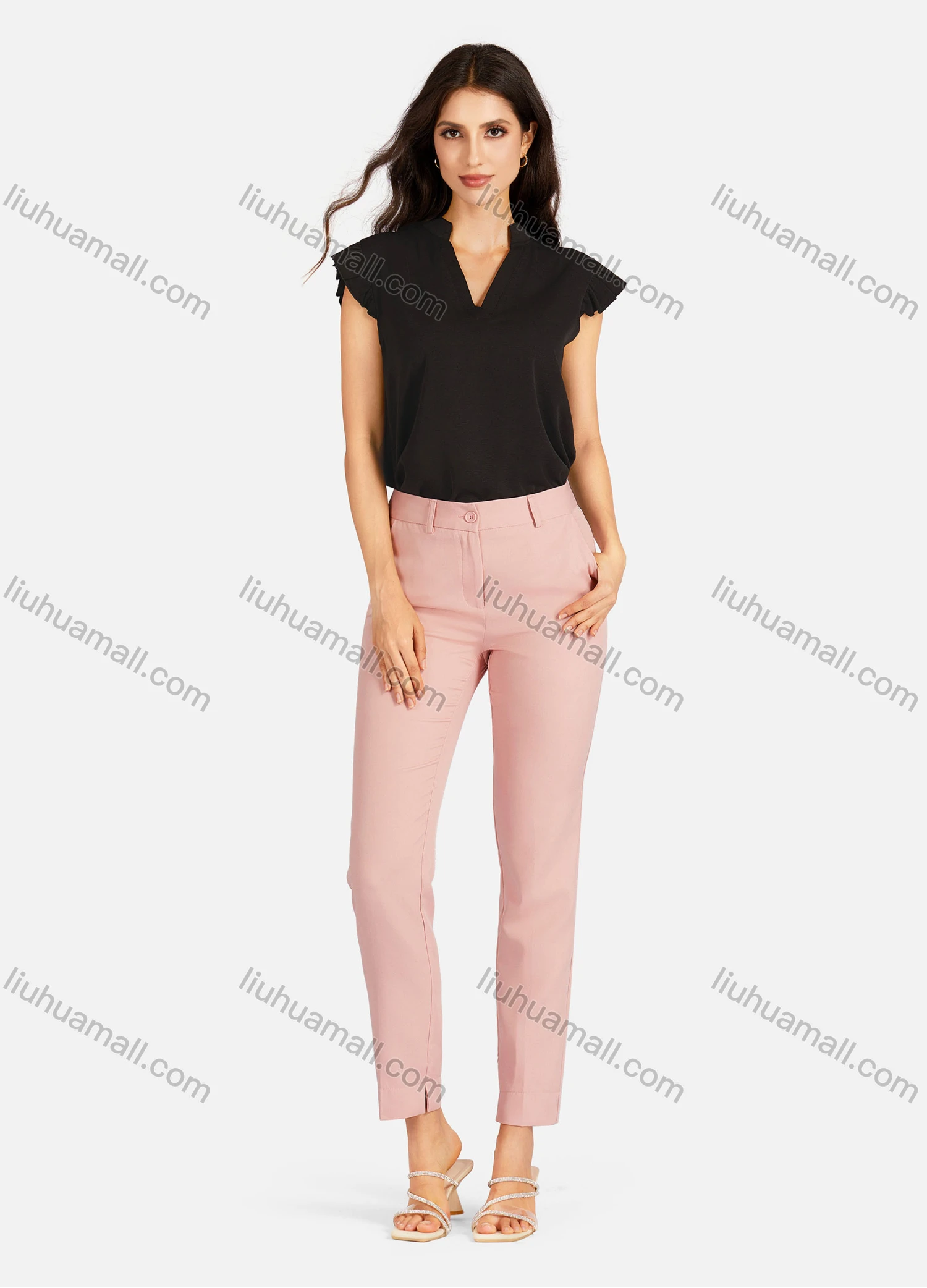 Wholesale Women's Casual Plain Notched Neck Cap Sleeve Blouse - Liuhuamall