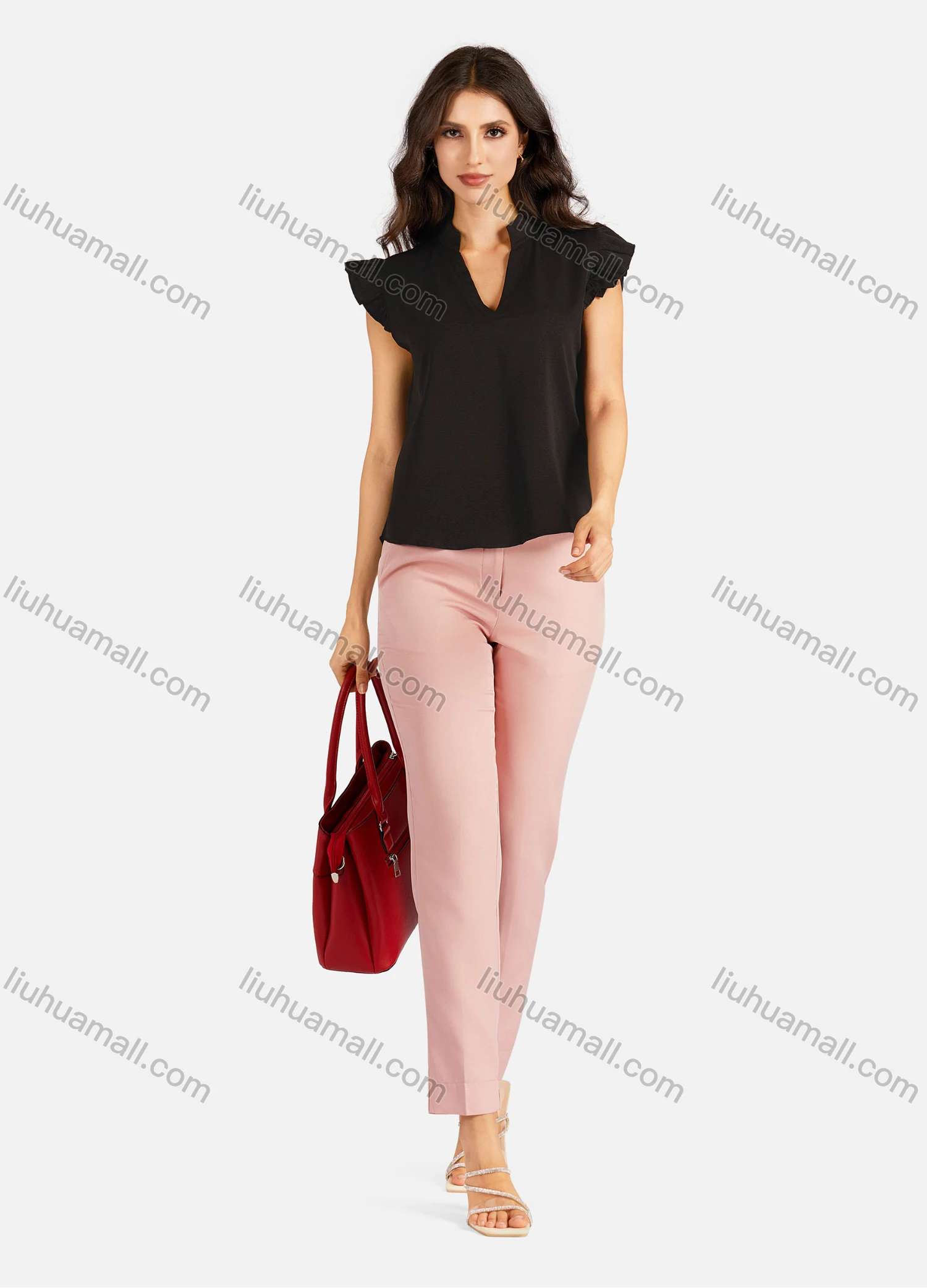 Wholesale Women's Casual Plain Notched Neck Cap Sleeve Blouse - Liuhuamall