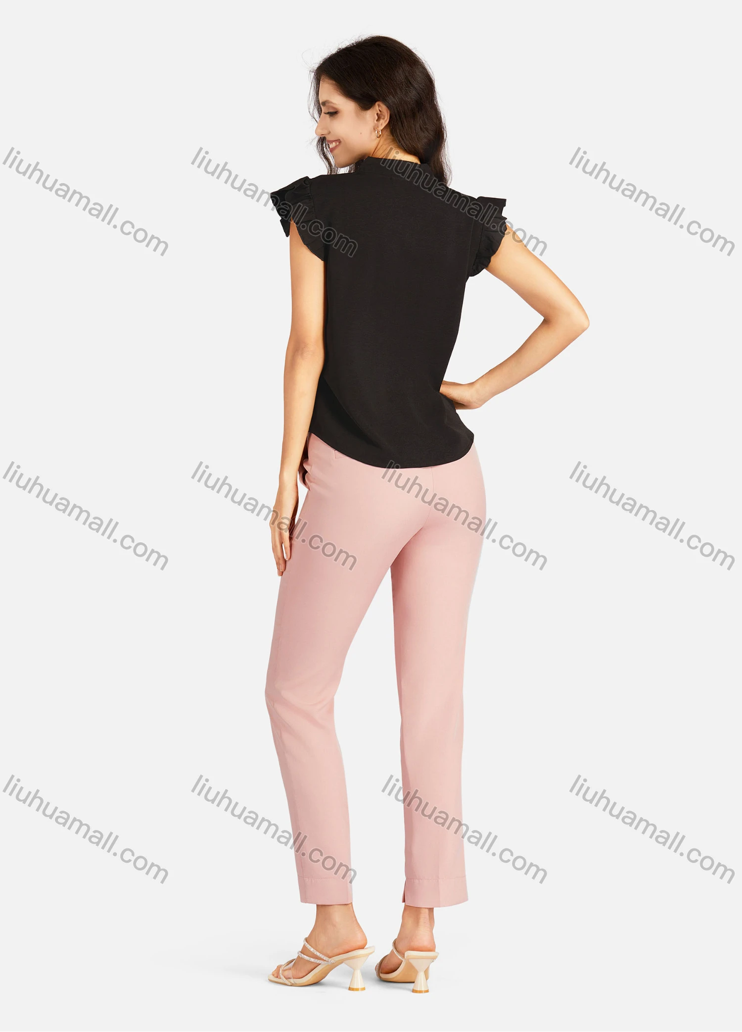 Wholesale Women's Casual Plain Notched Neck Cap Sleeve Blouse - Liuhuamall