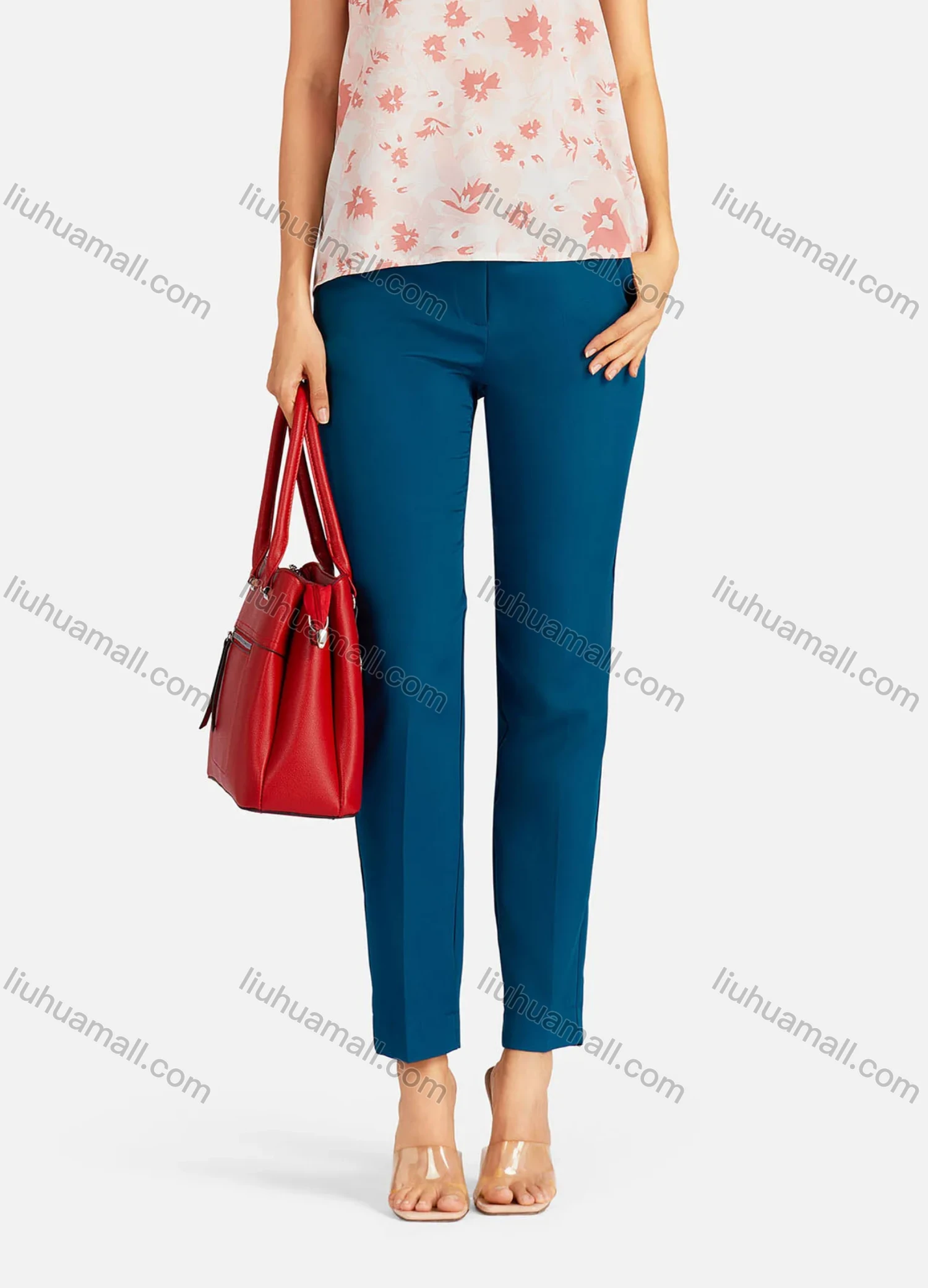 Wholesale Women's Casual Plain High Waist Straight Leg Ankle Length Pants - Liuhuamall