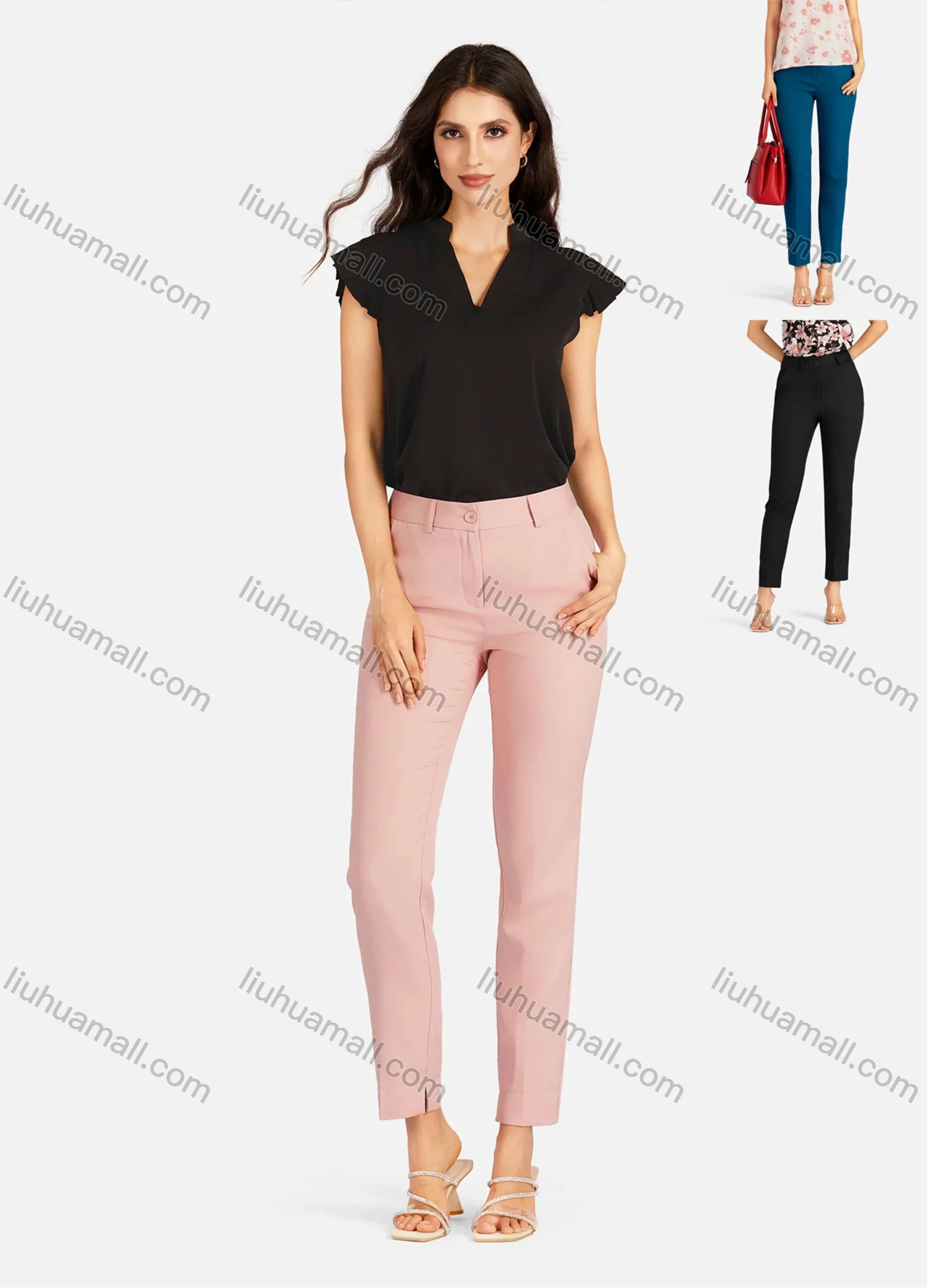 Wholesale Women's Casual Plain High Waist Straight Leg Ankle Length Pants - Liuhuamall