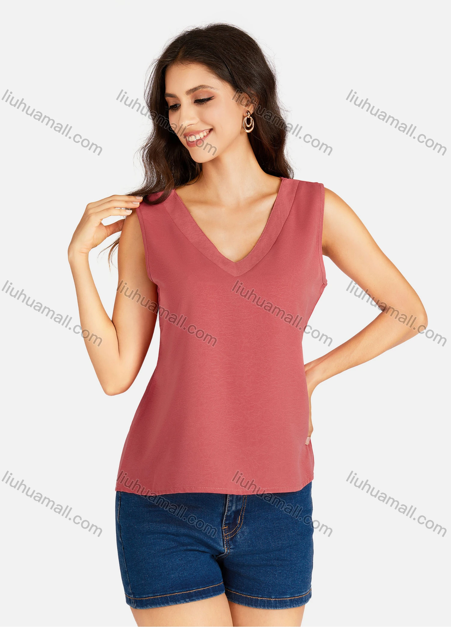 Wholesale Women's Casual Plain V Neck Tank Top - Liuhuamall