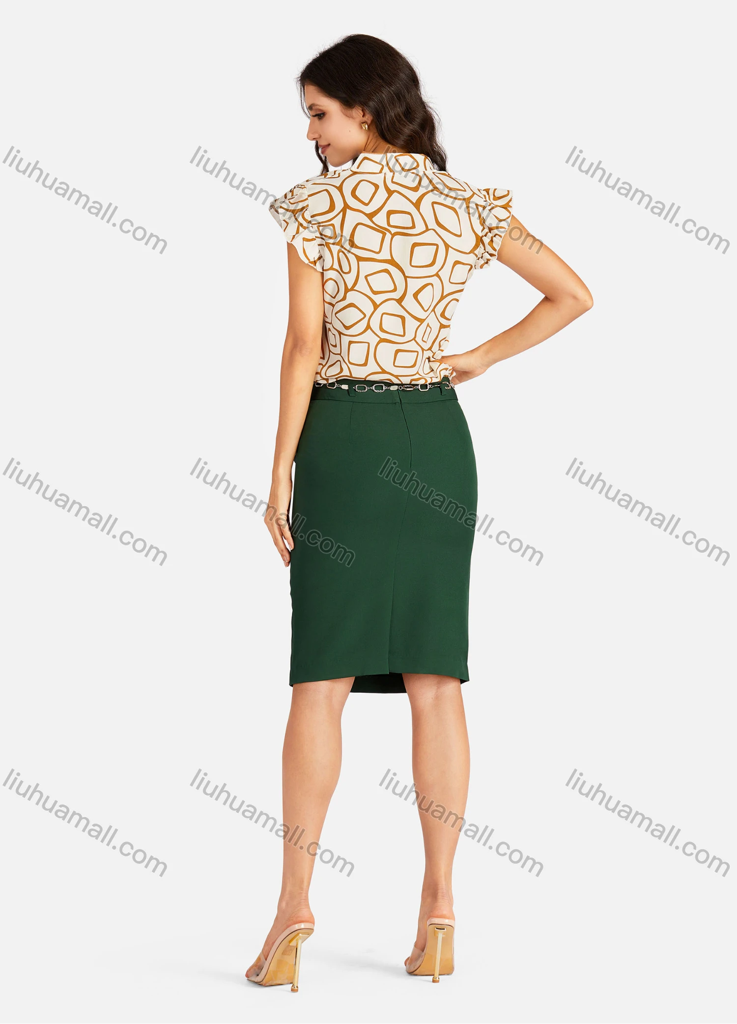 Wholesale Women's Casual Allover Print Notched Neck Cap Sleeve Blouse - Liuhuamall