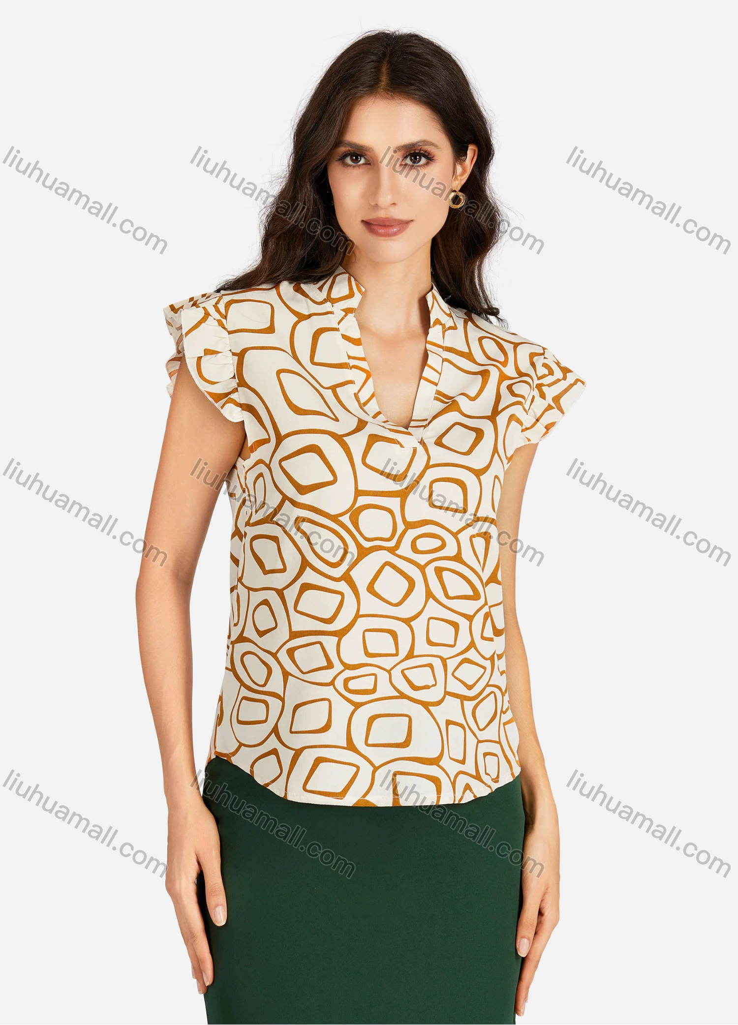 Wholesale Women's Casual Allover Print Notched Neck Cap Sleeve Blouse - Liuhuamall