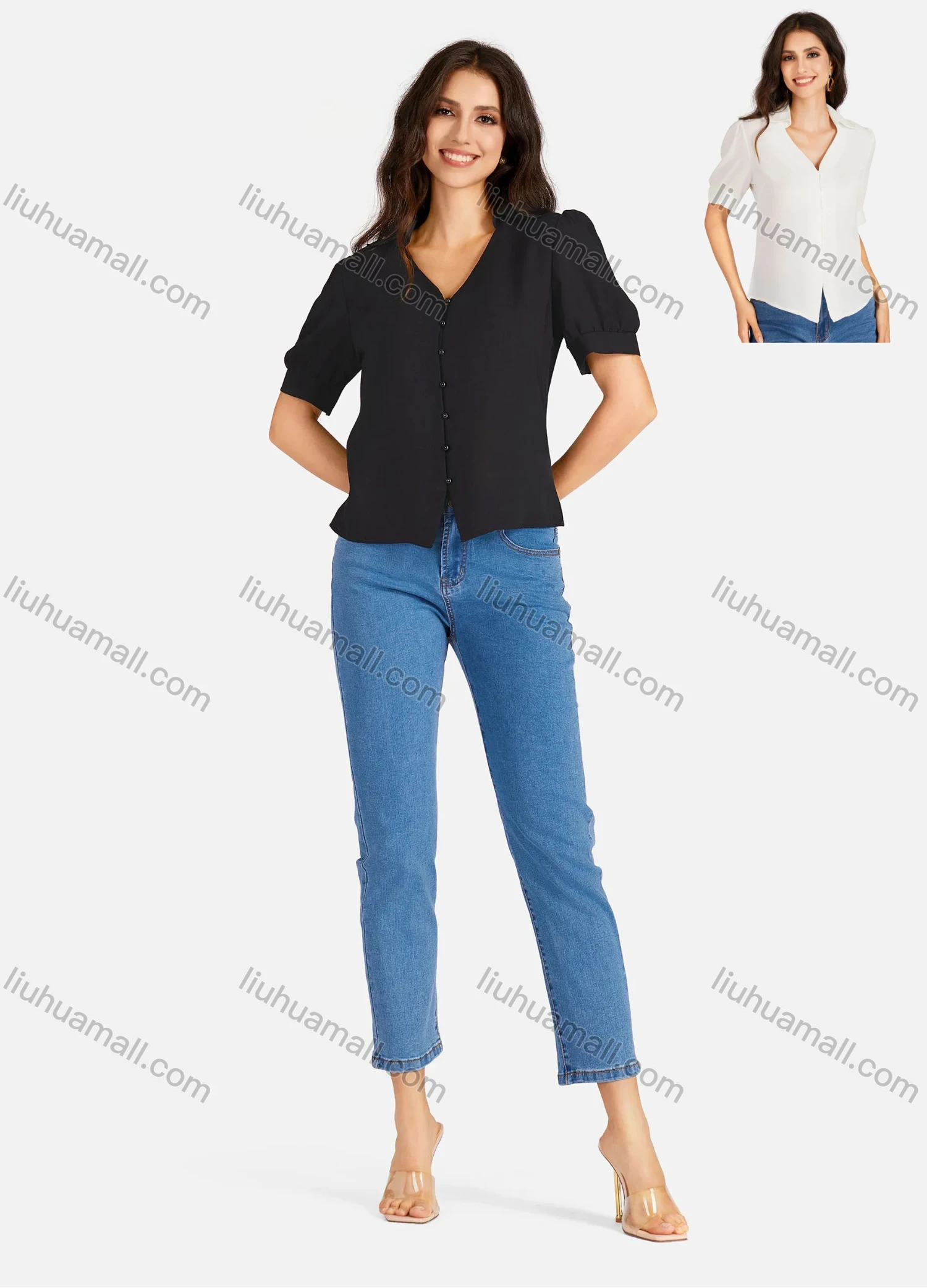 Wholesale Women's Casual Plain V Neck Buttons Down Puff Sleeve Blouse - Liuhuamall