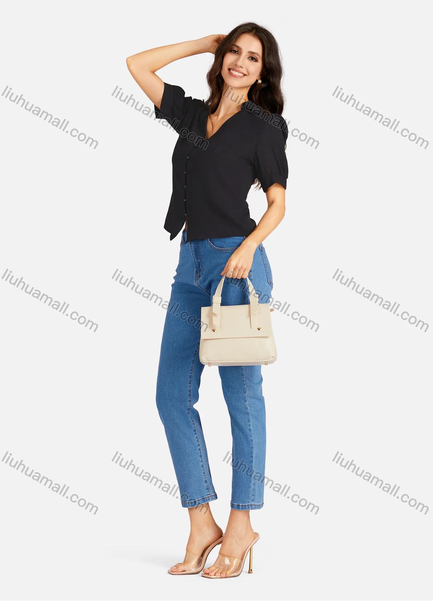 Wholesale Women's Casual Plain V Neck Buttons Down Puff Sleeve Blouse - Liuhuamall