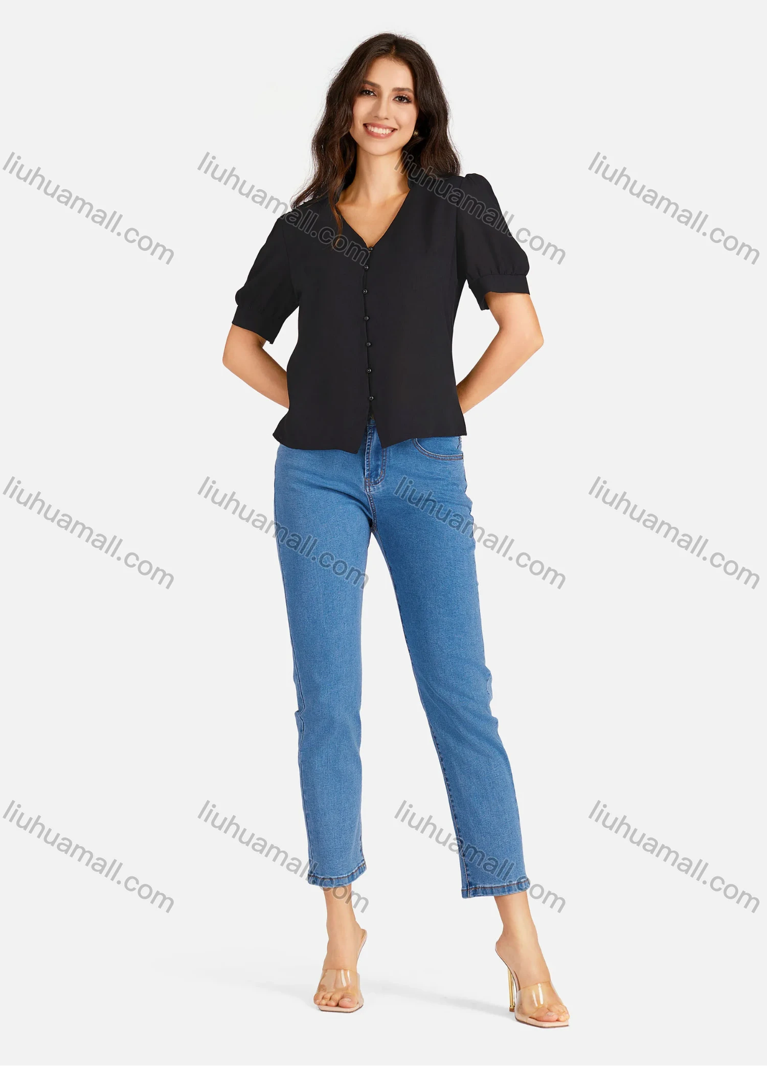 Wholesale Women's Casual Plain V Neck Buttons Down Puff Sleeve Blouse - Liuhuamall