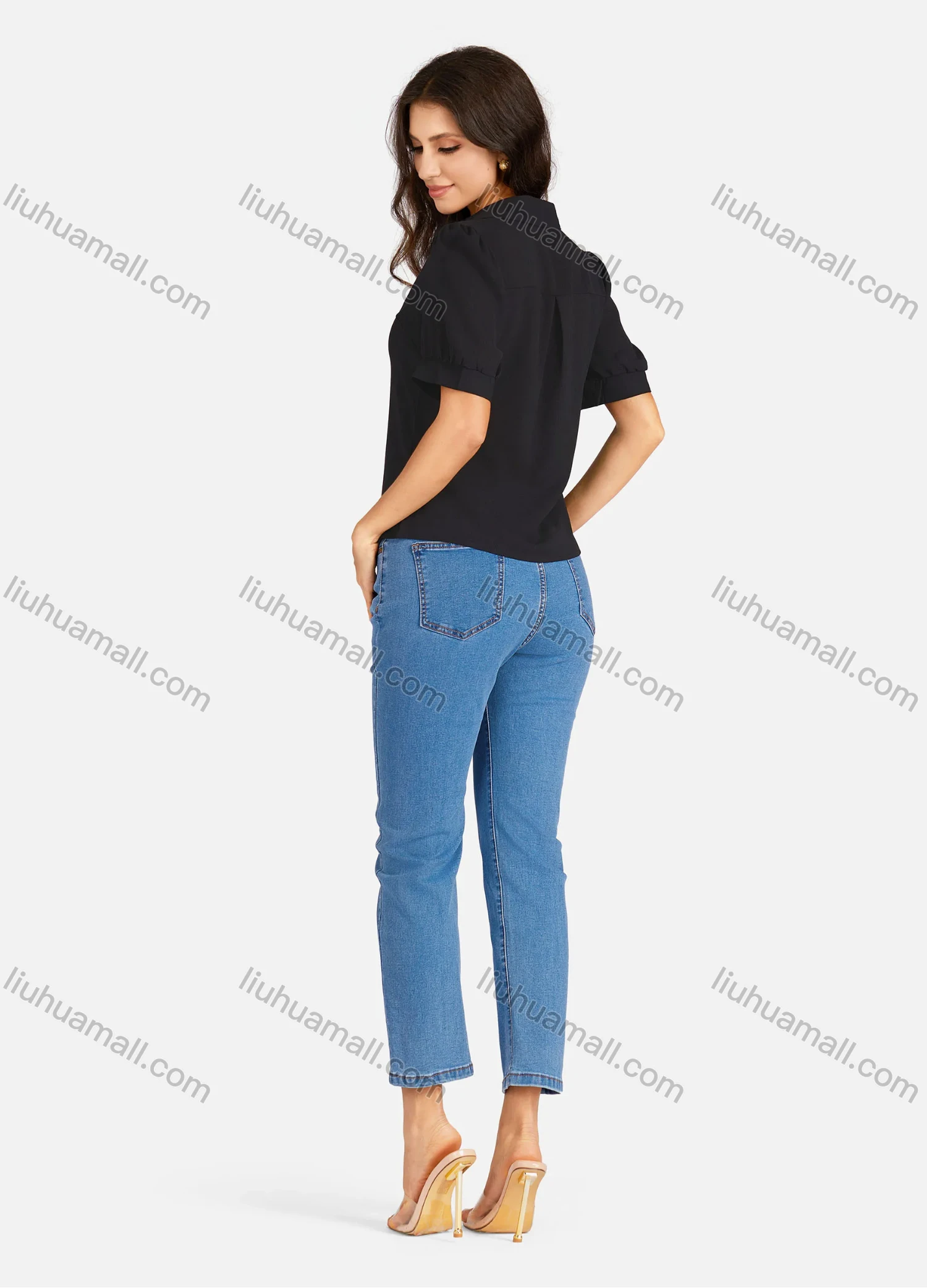 Wholesale Women's Casual Plain V Neck Buttons Down Puff Sleeve Blouse - Liuhuamall