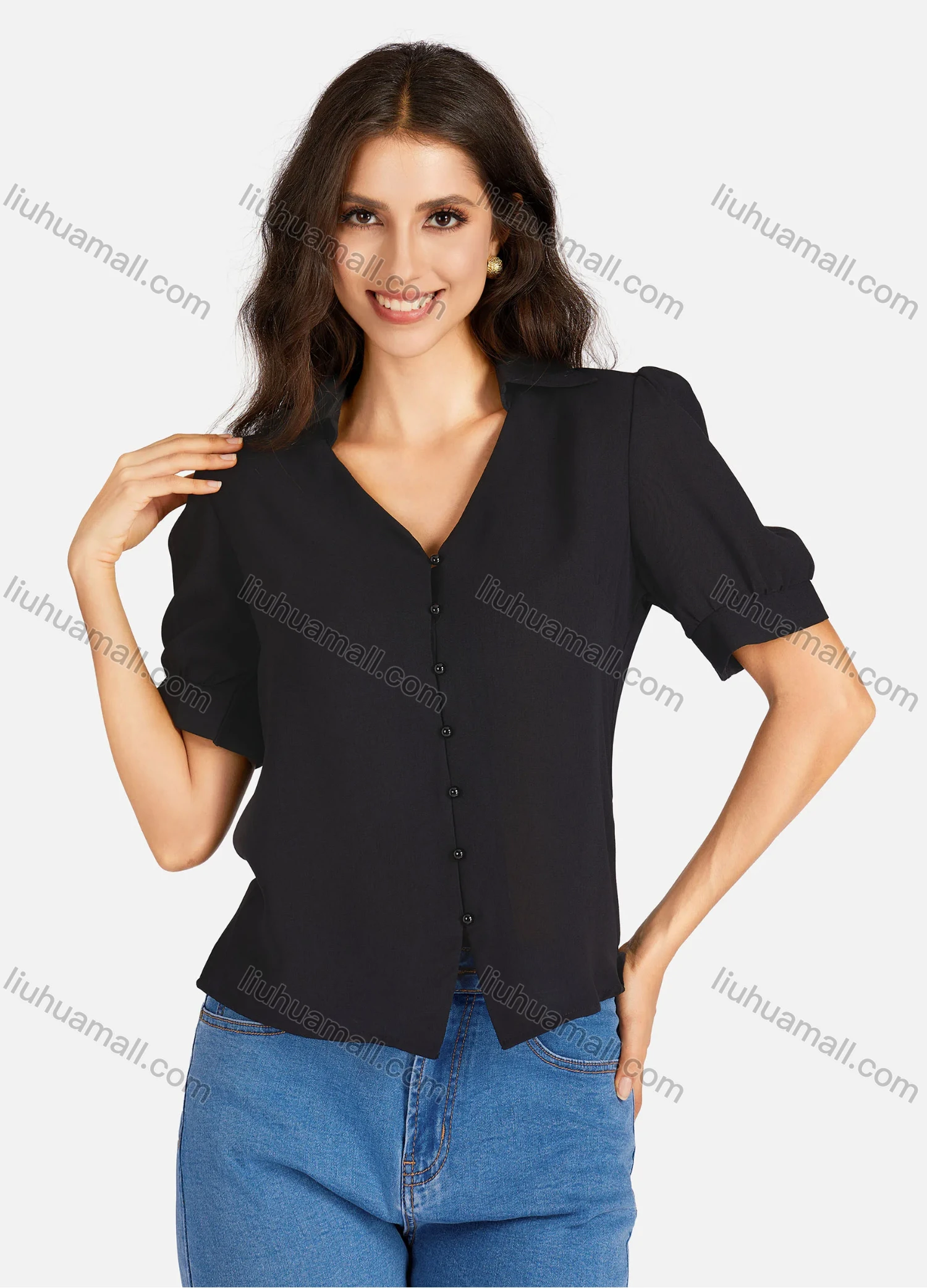 Wholesale Women's Casual Plain V Neck Buttons Down Puff Sleeve Blouse - Liuhuamall