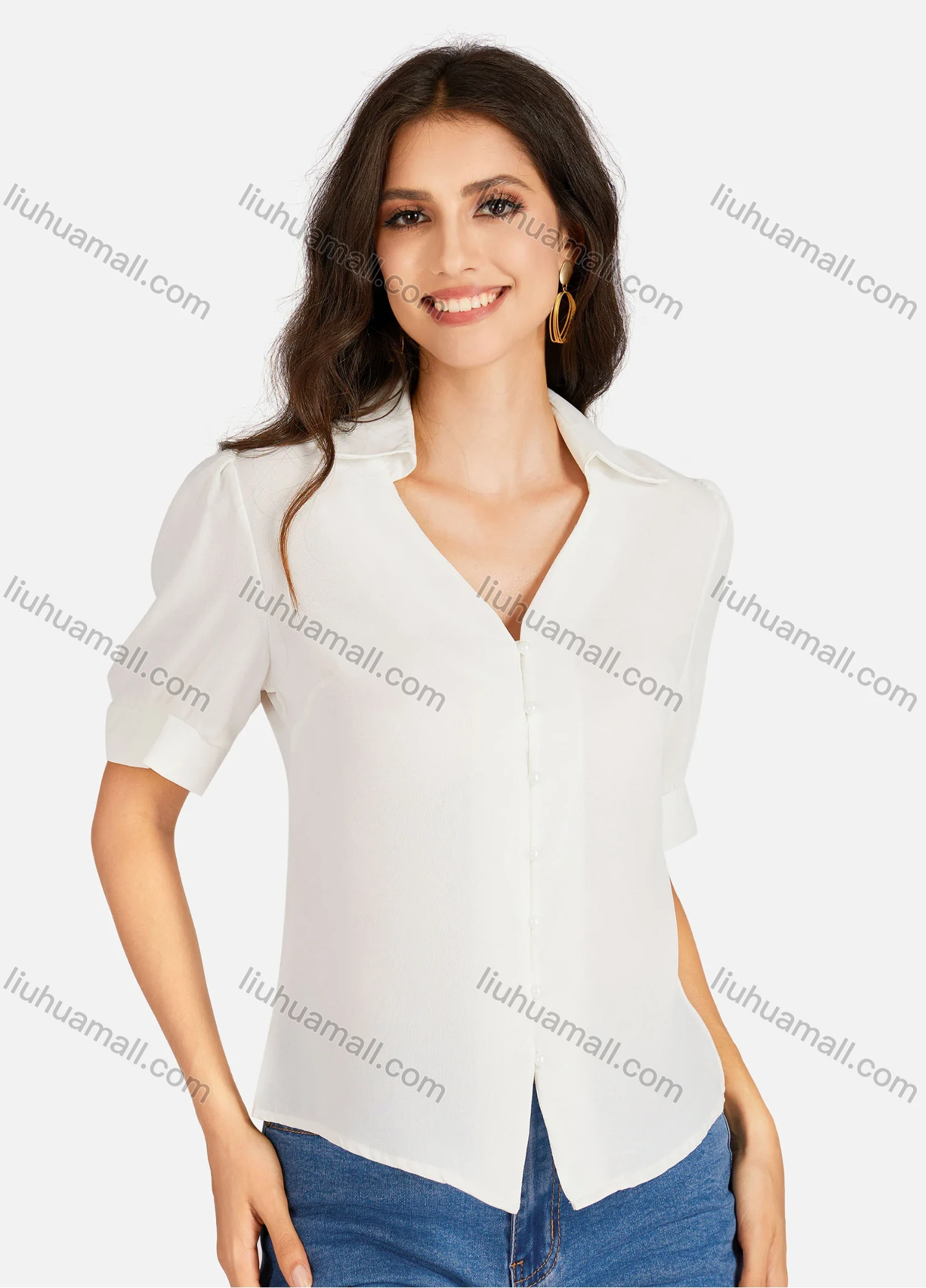 Wholesale Women's Casual Plain V Neck Buttons Down Puff Sleeve Blouse - Liuhuamall